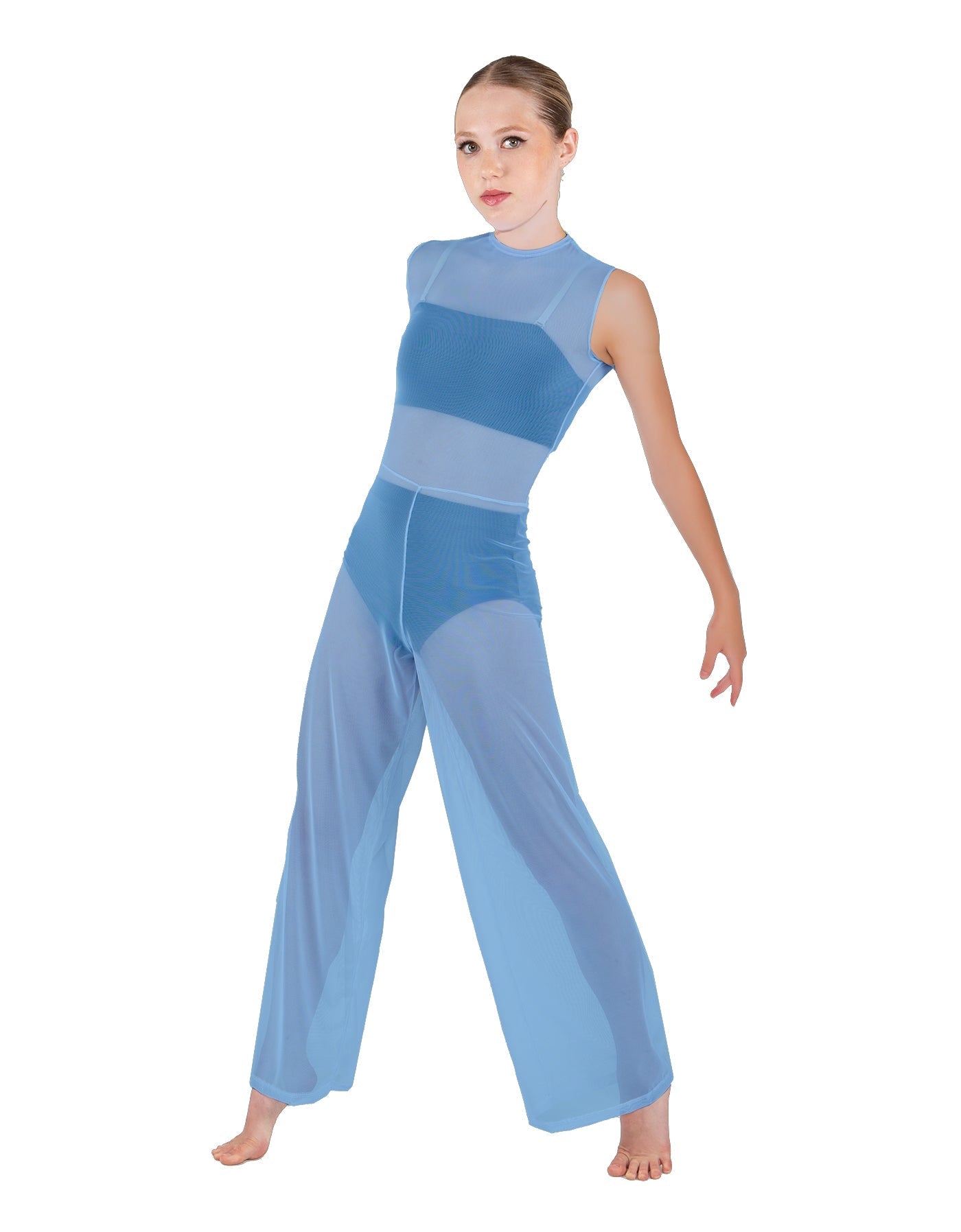 Solid Lycra Keyhole Wide Leg Mesh Unitard with Bandeau and Panty