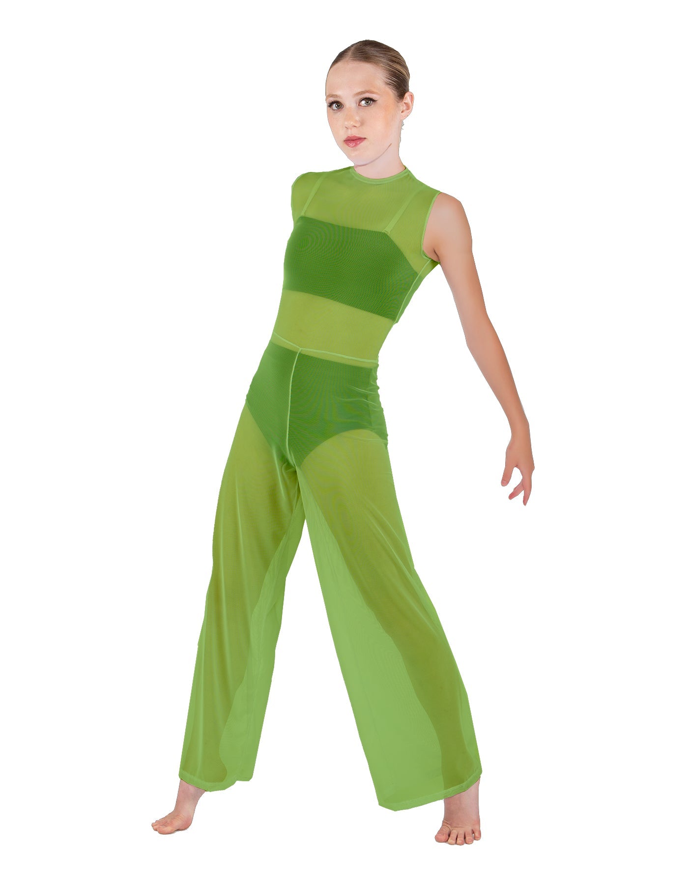 Solid Lycra Keyhole Wide Leg Mesh Unitard with Bandeau and Panty