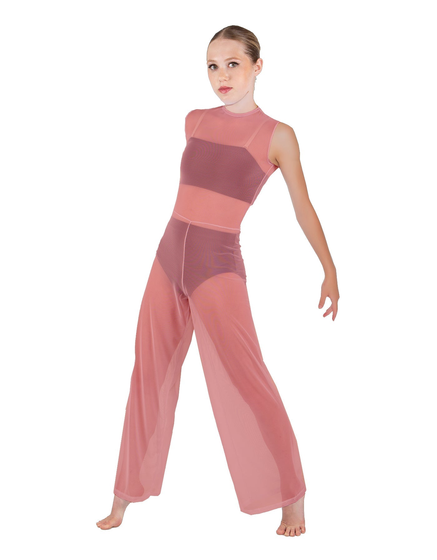 Solid Lycra Keyhole Wide Leg Mesh Unitard with Bandeau and Panty