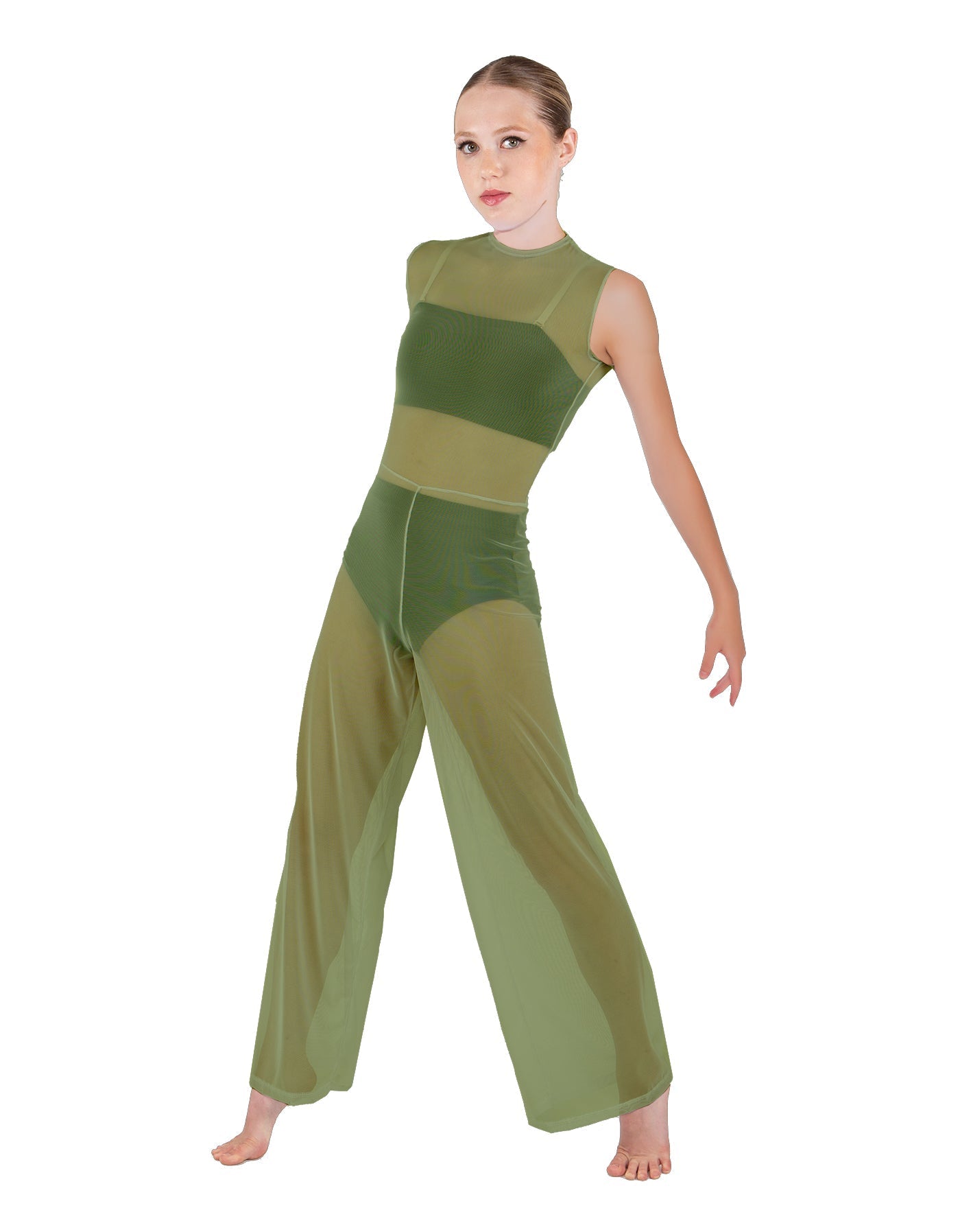 Solid Lycra Keyhole Wide Leg Mesh Unitard with Bandeau and Panty