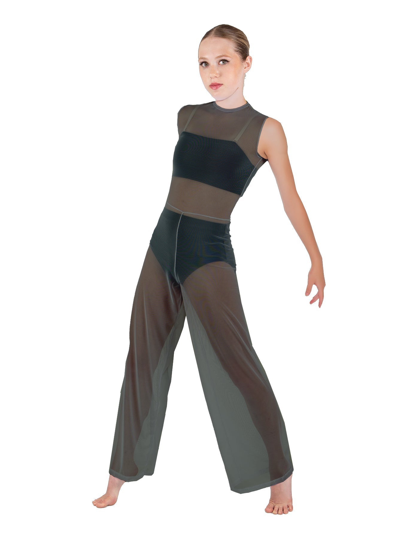 Solid Lycra Keyhole Wide Leg Mesh Unitard with Bandeau and Panty