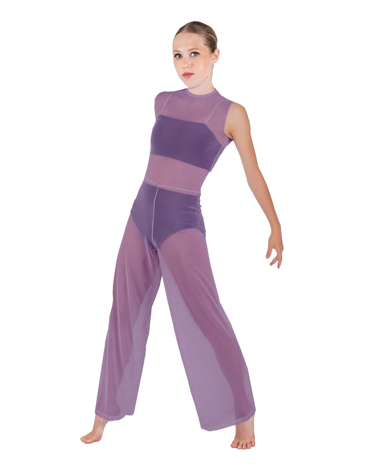 Solid Lycra Keyhole Wide Leg Mesh Unitard with Bandeau and Panty