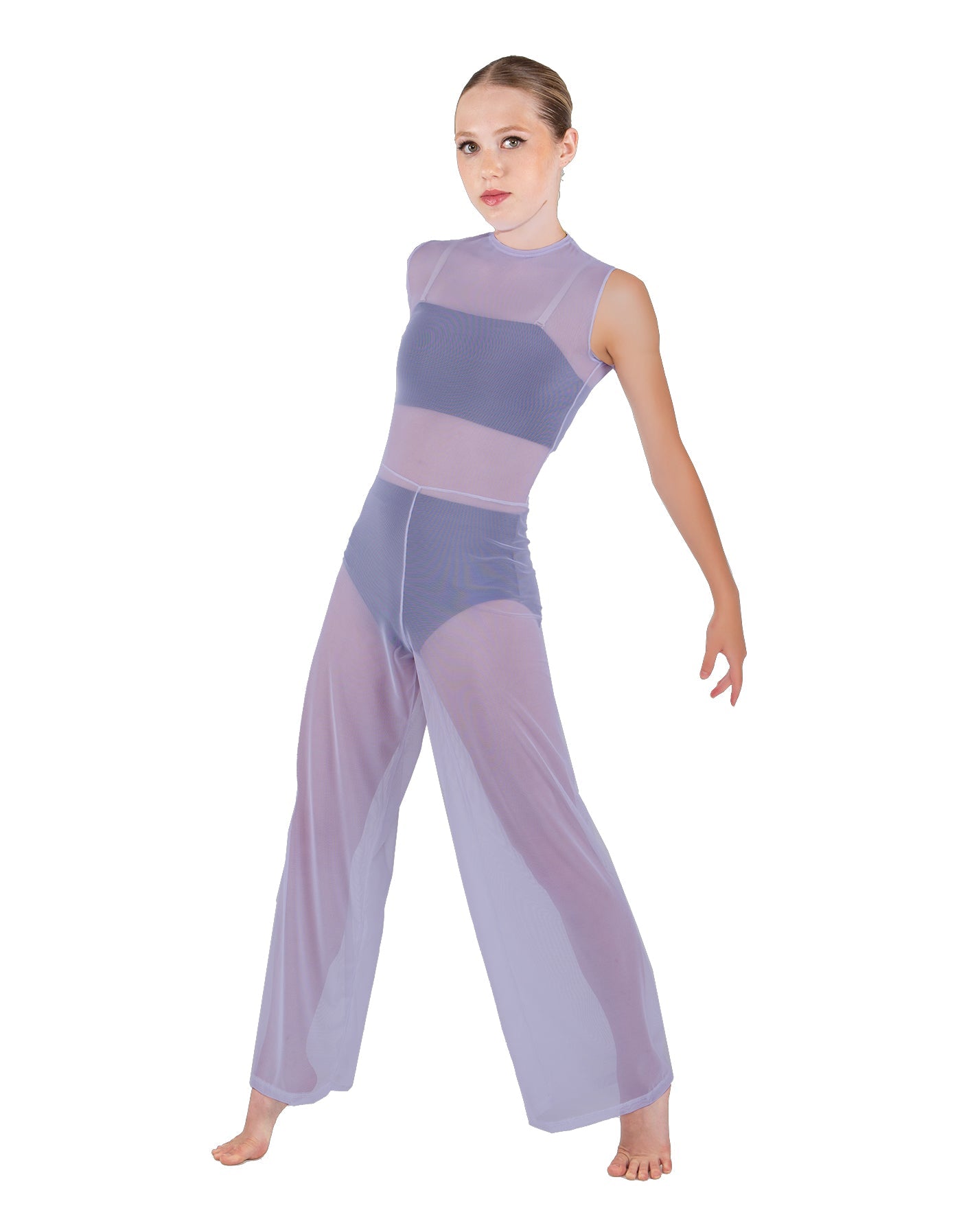 Solid Lycra Keyhole Wide Leg Mesh Unitard with Bandeau and Panty