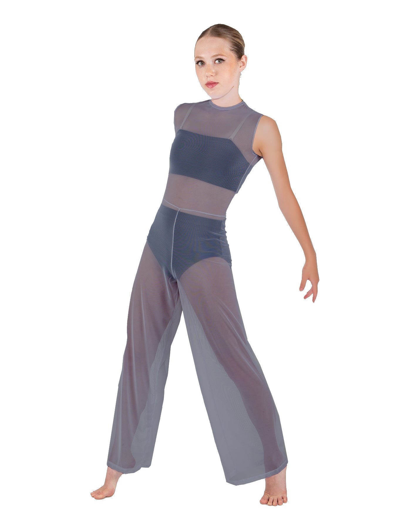 Solid Lycra Keyhole Wide Leg Mesh Unitard with Bandeau and Panty