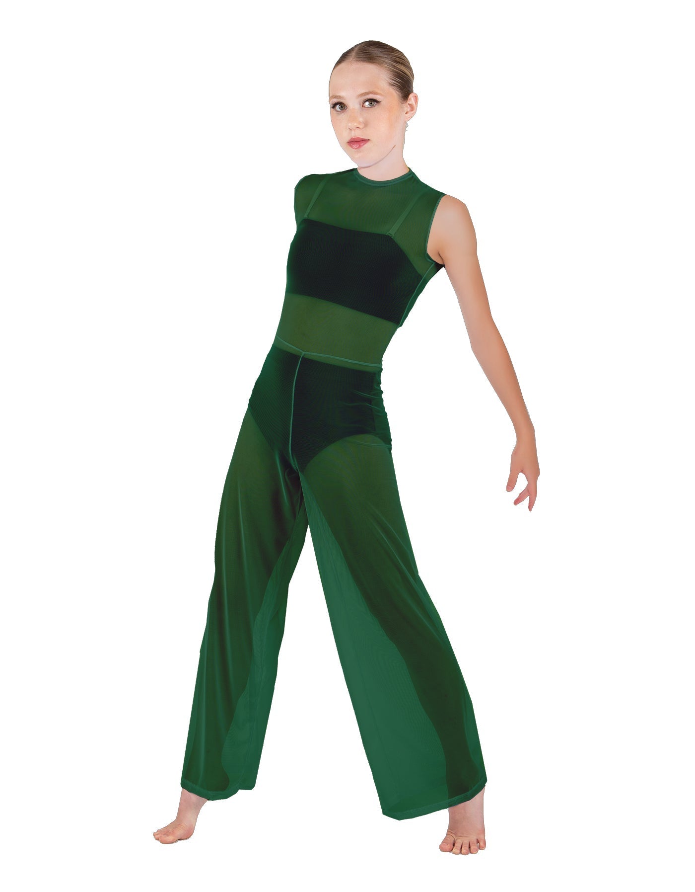 Solid Lycra Keyhole Wide Leg Mesh Unitard with Bandeau and Panty