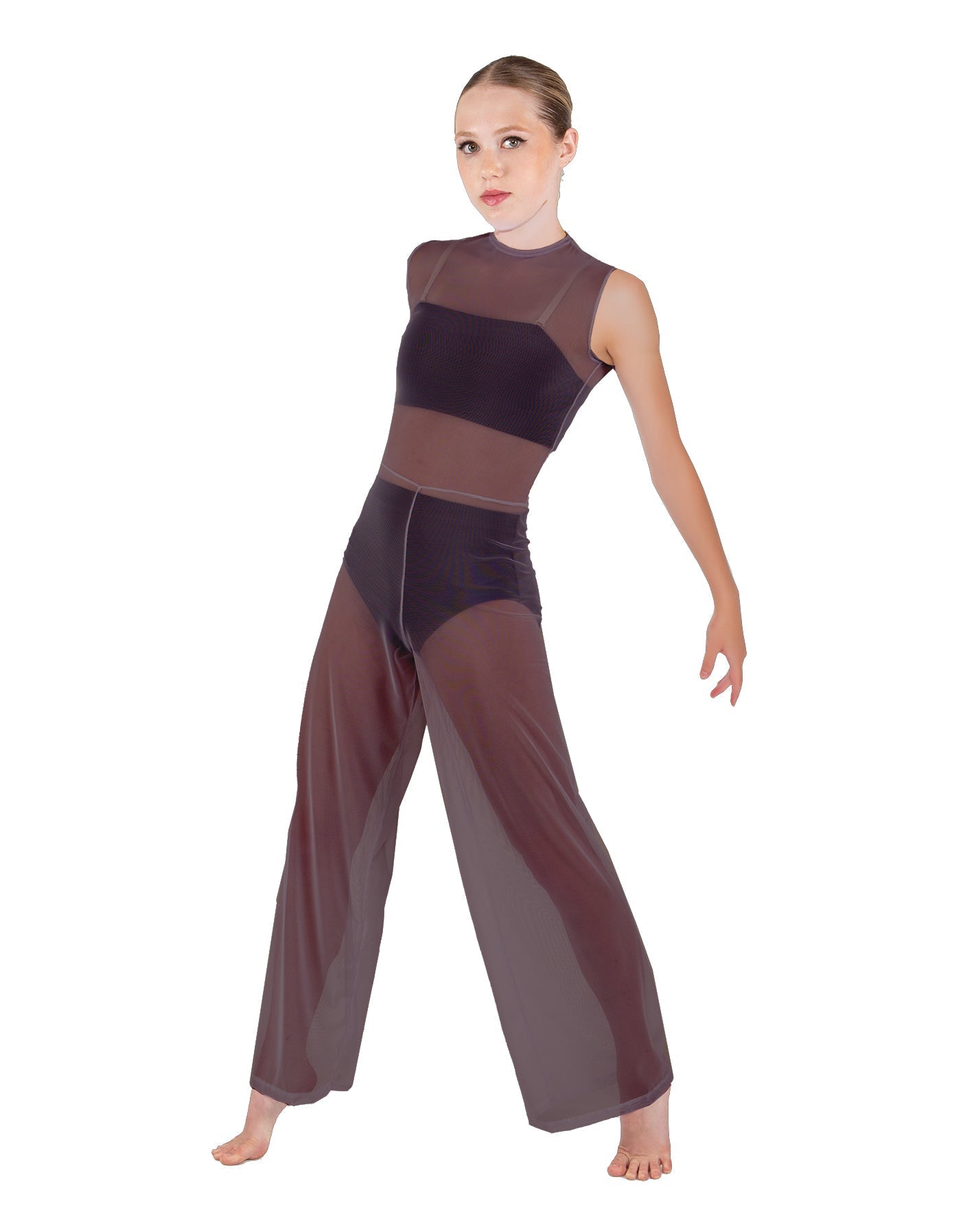 Solid Lycra Keyhole Wide Leg Mesh Unitard with Bandeau and Panty