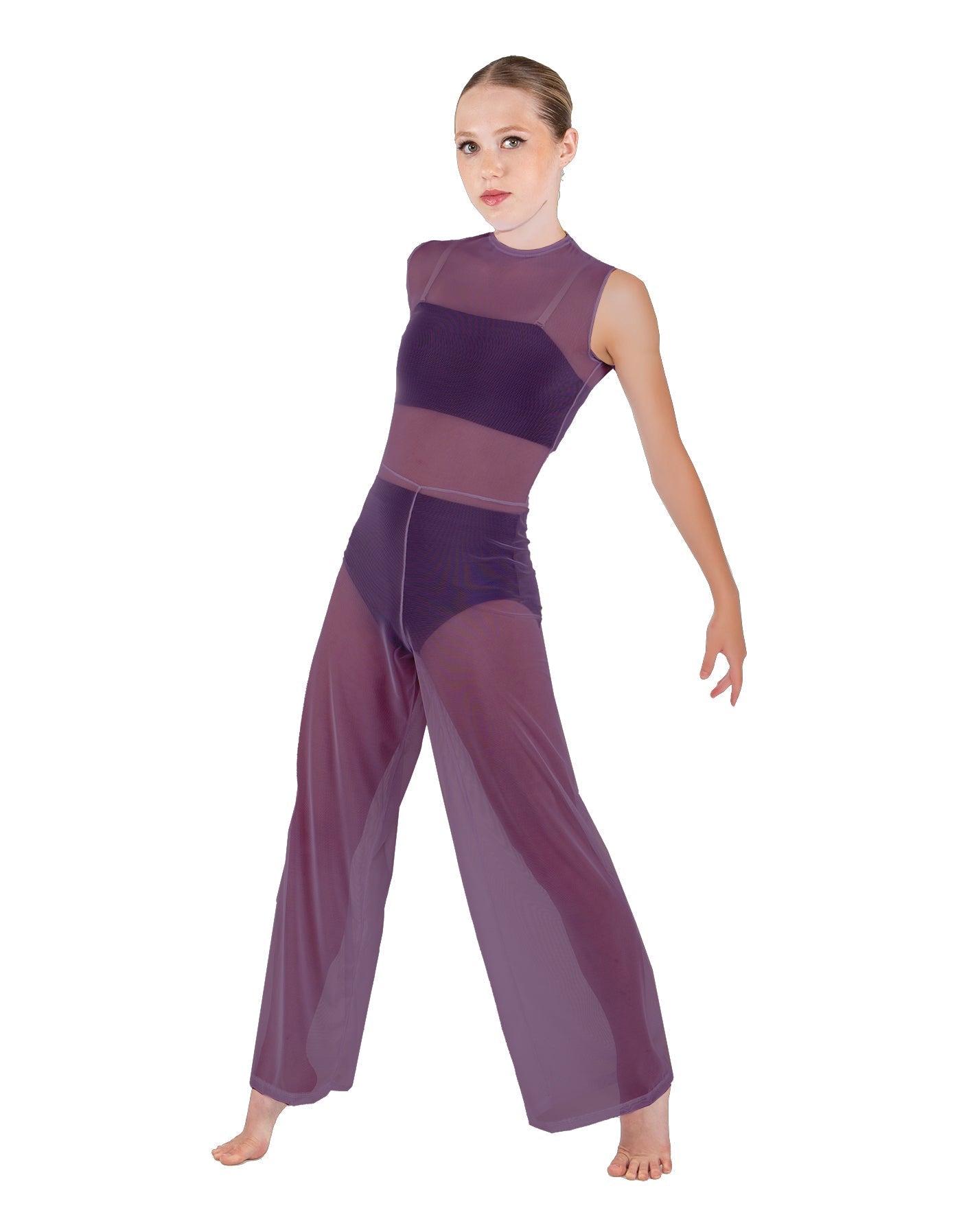 Solid Lycra Keyhole Wide Leg Mesh Unitard with Bandeau and Panty