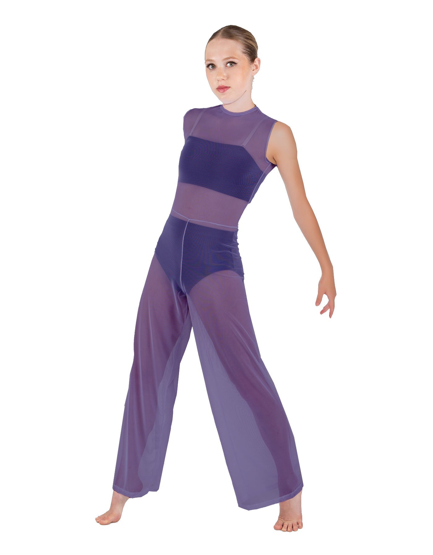 Solid Lycra Keyhole Wide Leg Mesh Unitard with Bandeau and Panty