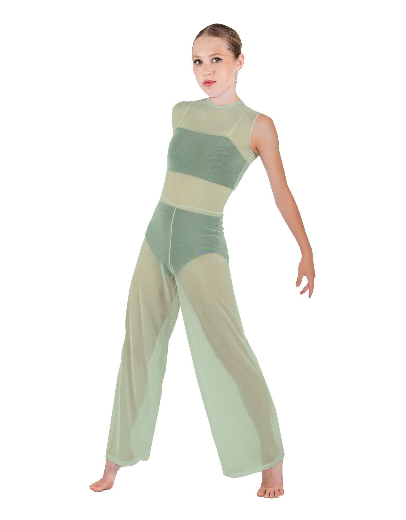 Solid Lycra Keyhole Wide Leg Mesh Unitard with Bandeau and Panty