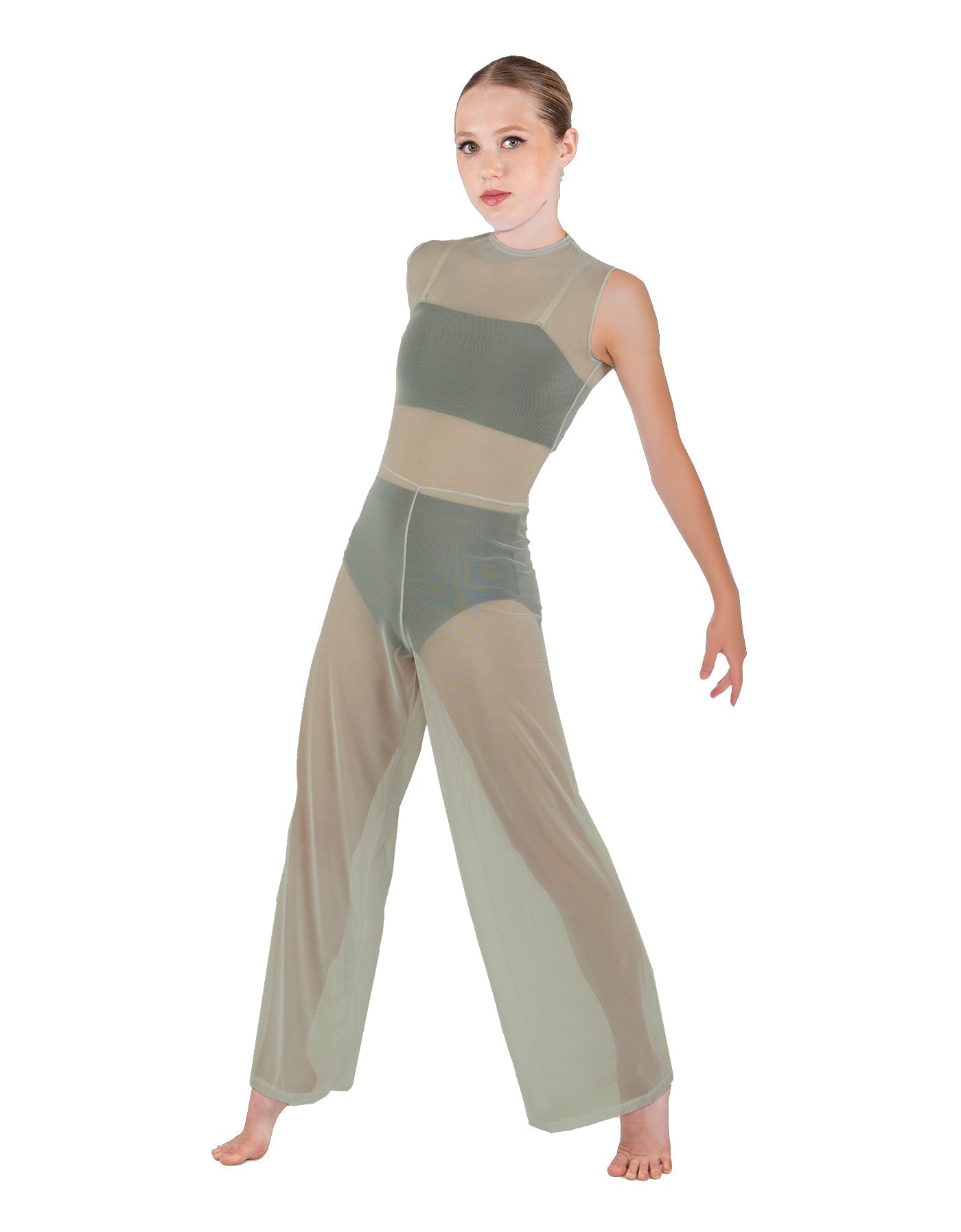 Solid Lycra Keyhole Wide Leg Mesh Unitard with Bandeau and Panty