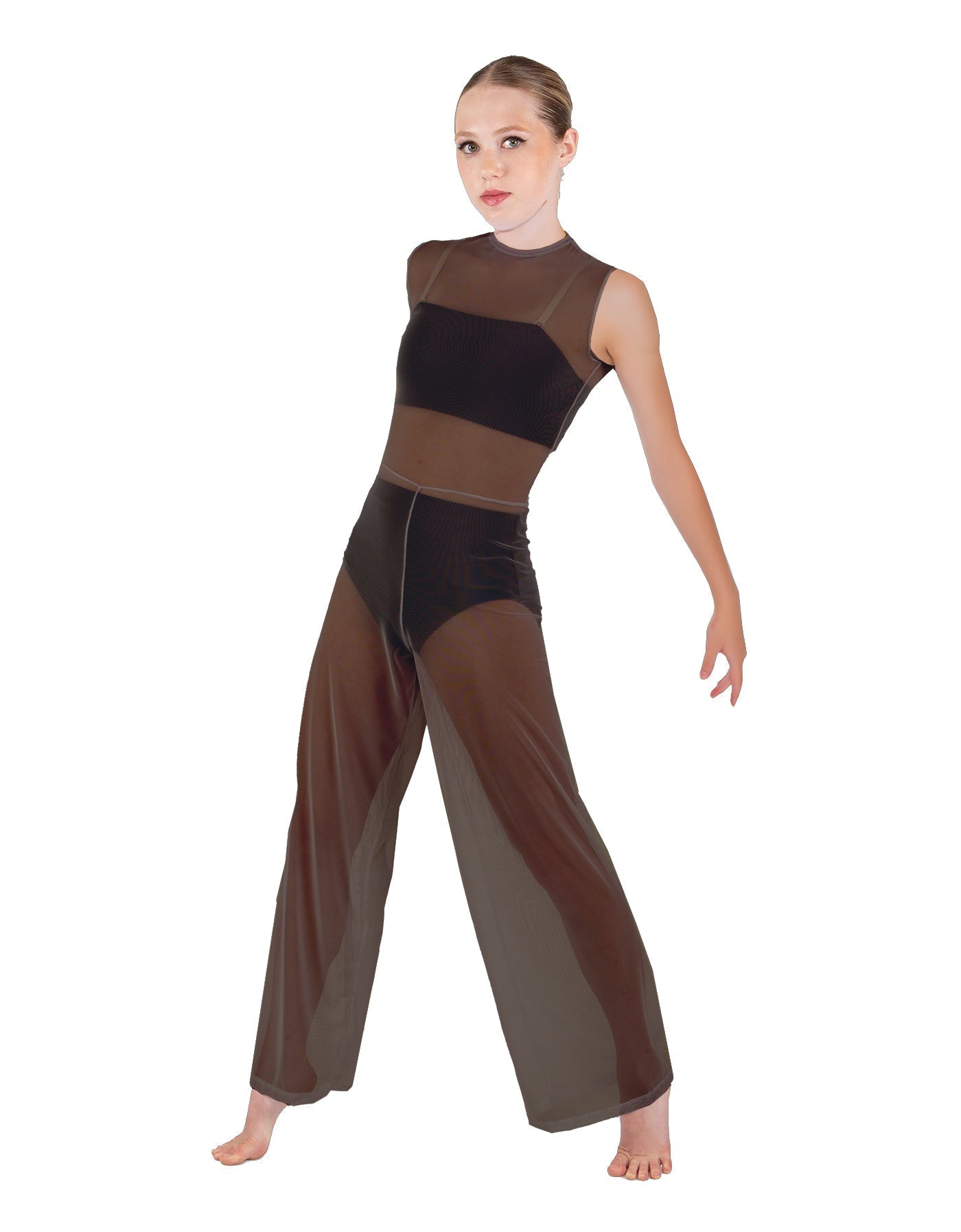 Solid Lycra Keyhole Wide Leg Mesh Unitard with Bandeau and Panty