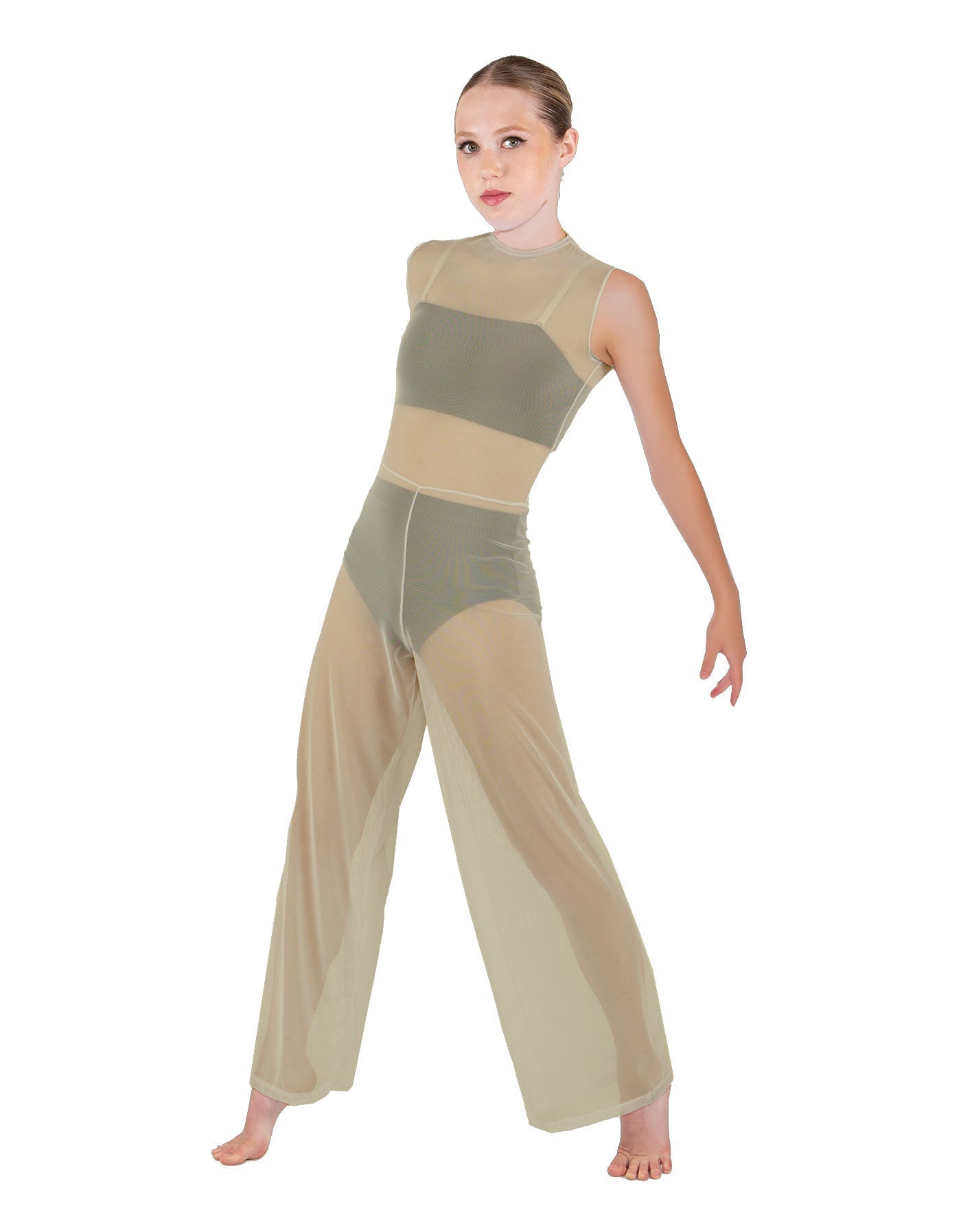Solid Lycra Keyhole Wide Leg Mesh Unitard with Bandeau and Panty