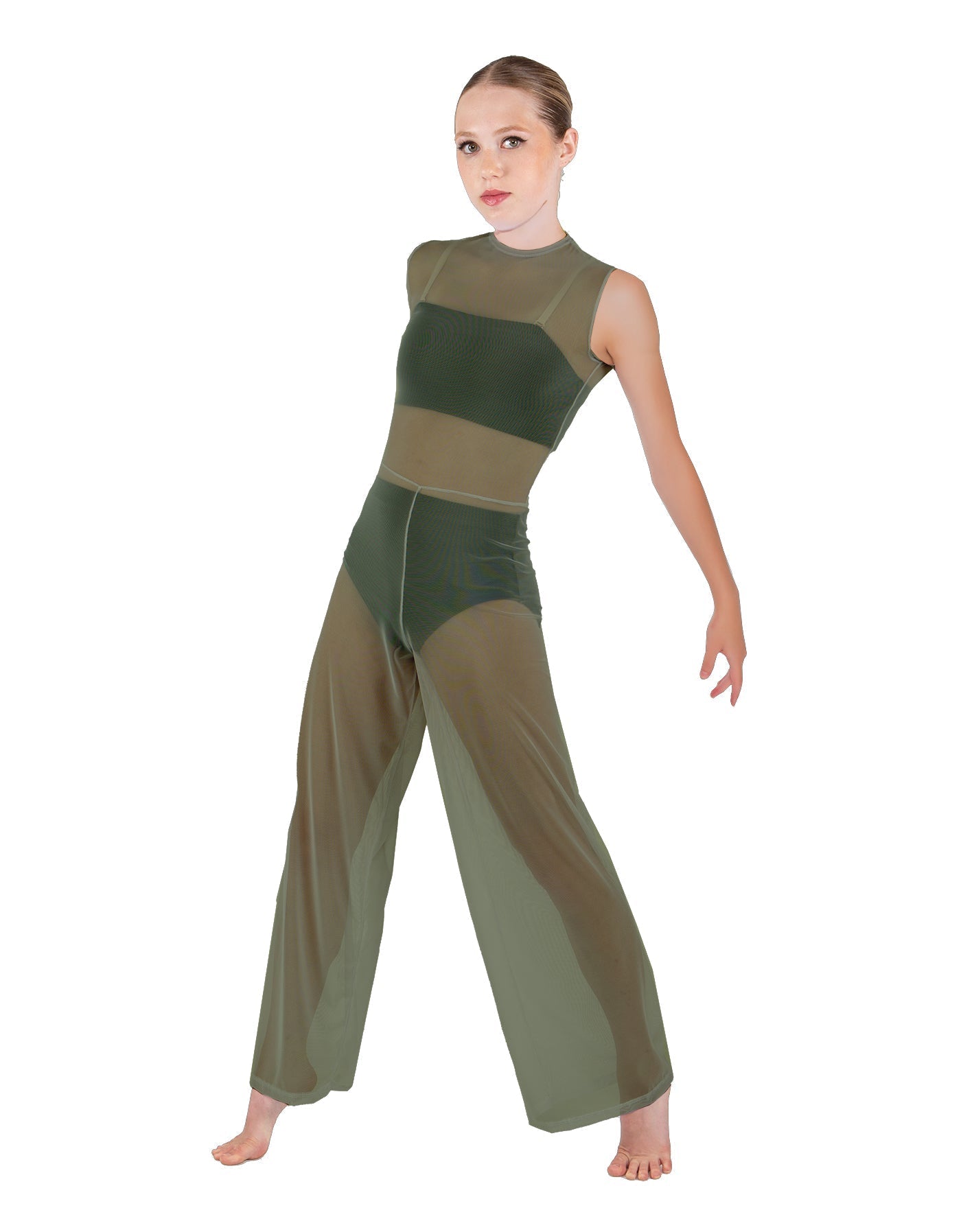 Solid Lycra Keyhole Wide Leg Mesh Unitard with Bandeau and Panty