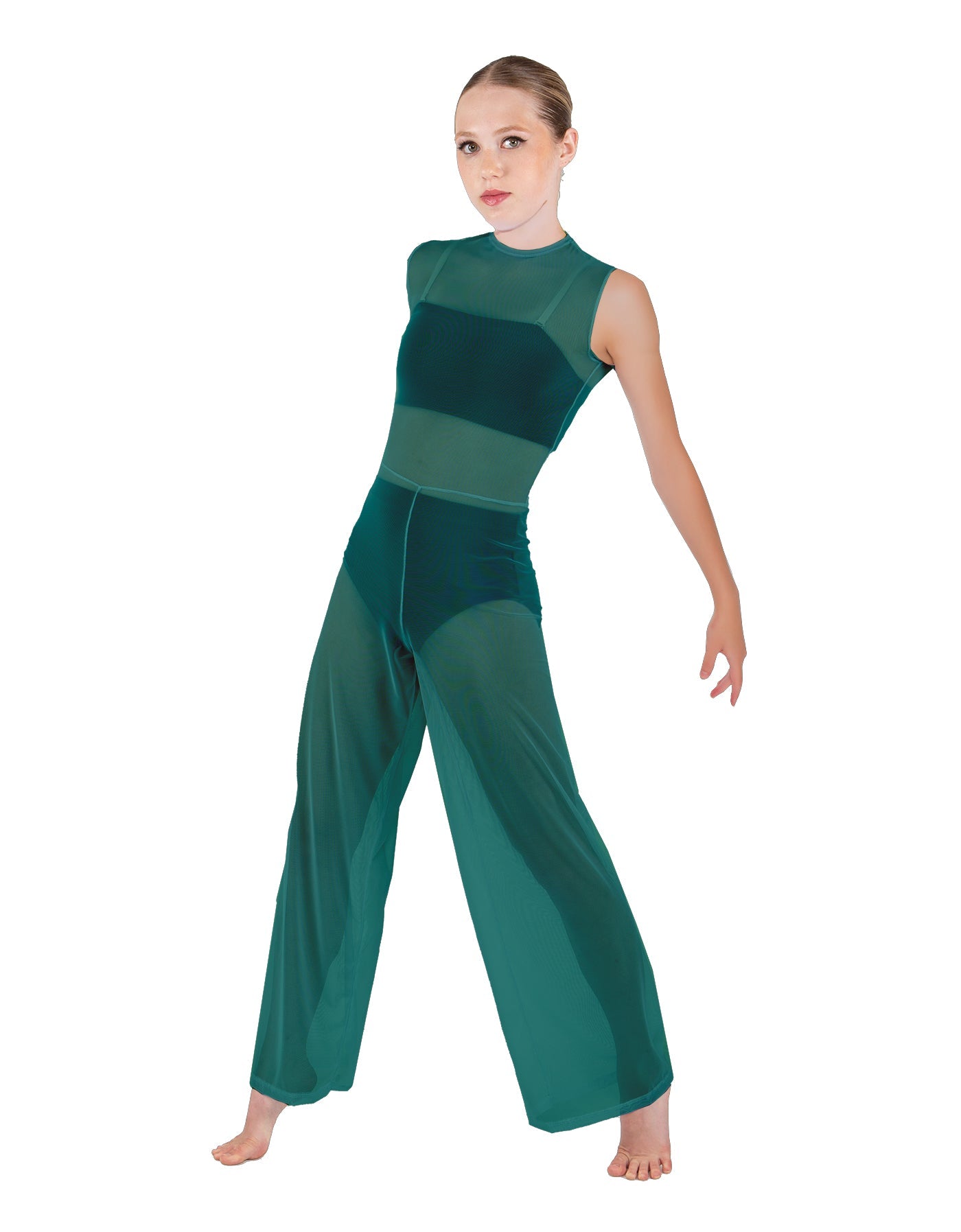 Solid Lycra Keyhole Wide Leg Mesh Unitard with Bandeau and Panty