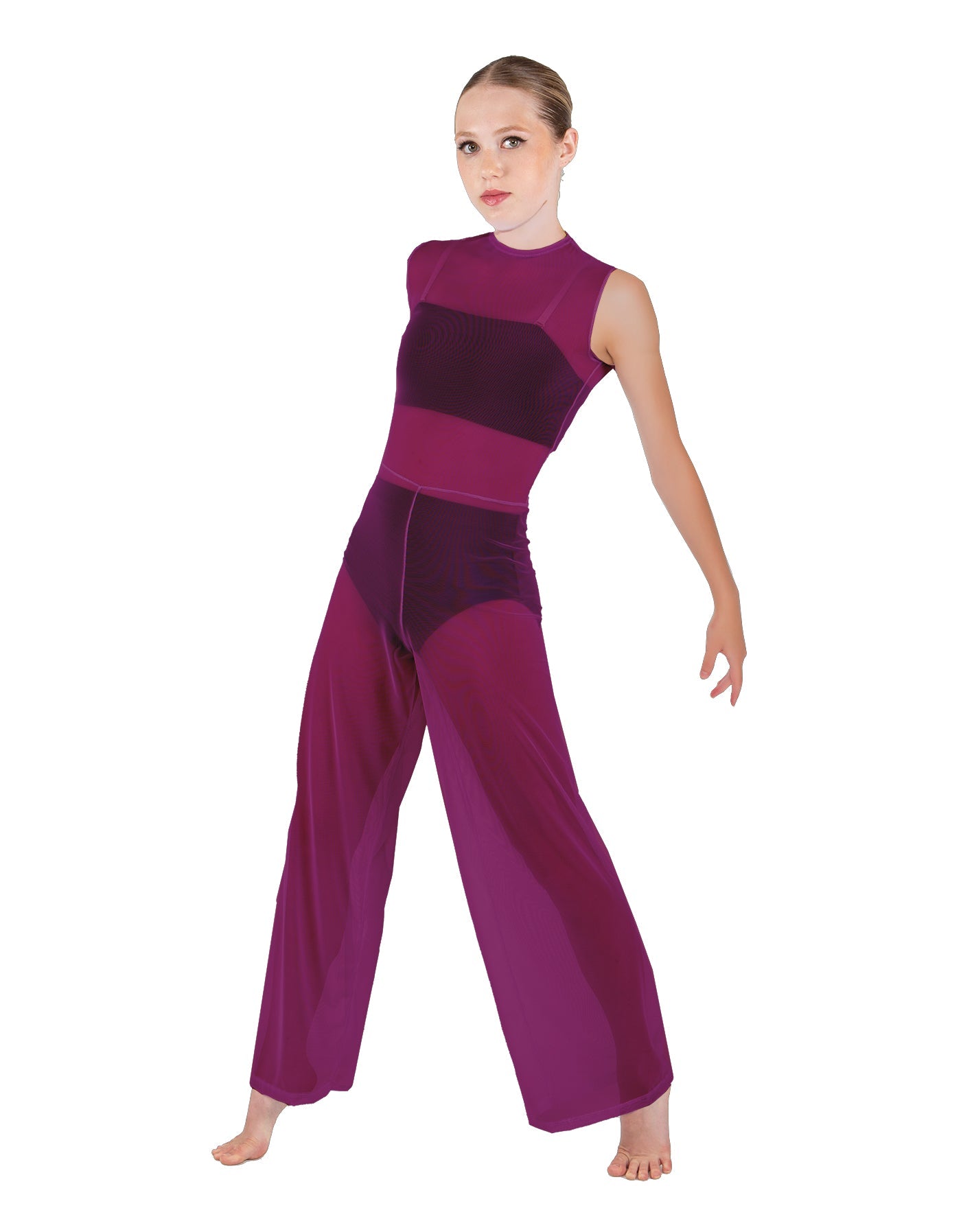 Solid Lycra Keyhole Wide Leg Mesh Unitard with Bandeau and Panty