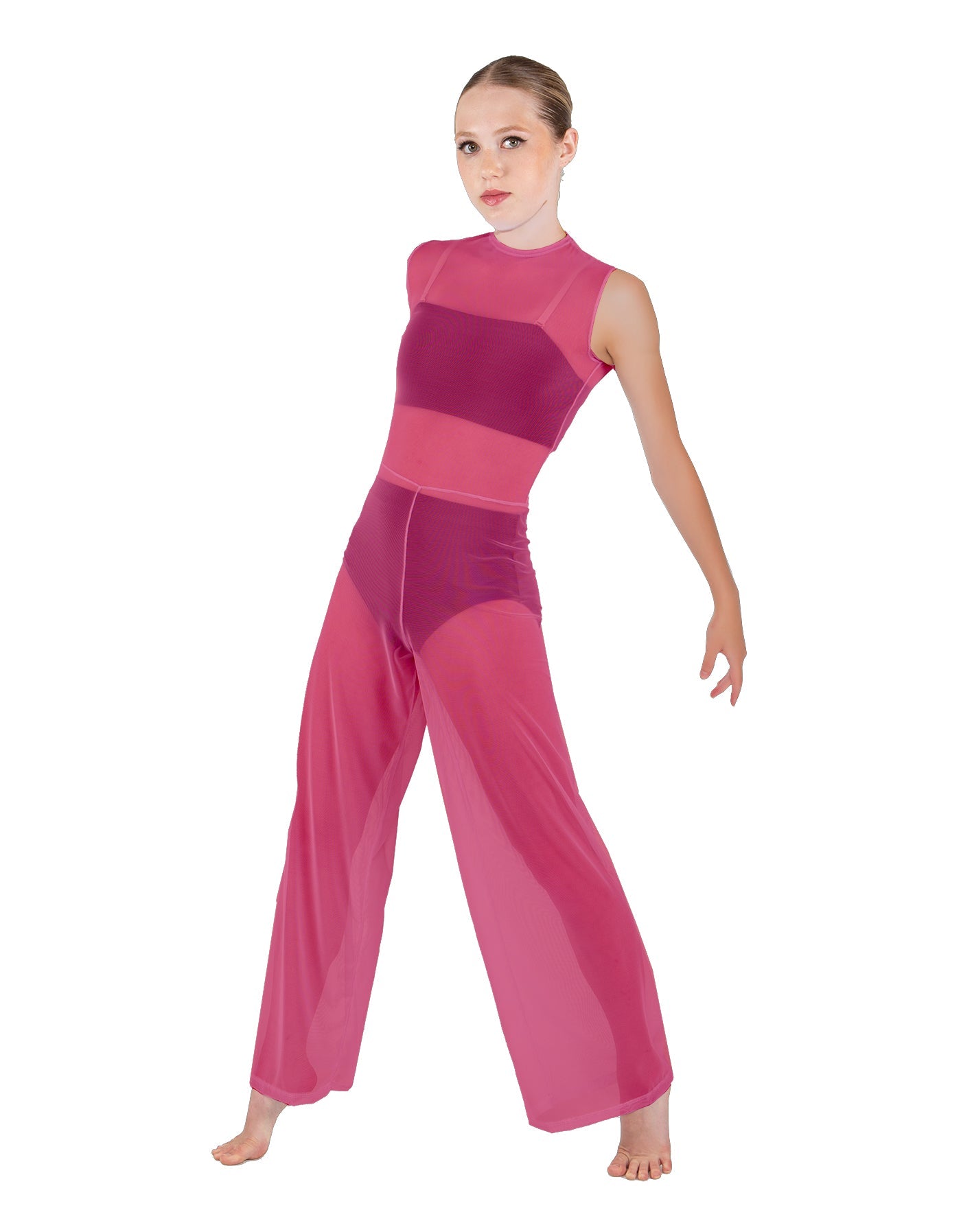 Solid Lycra Keyhole Wide Leg Mesh Unitard with Bandeau and Panty