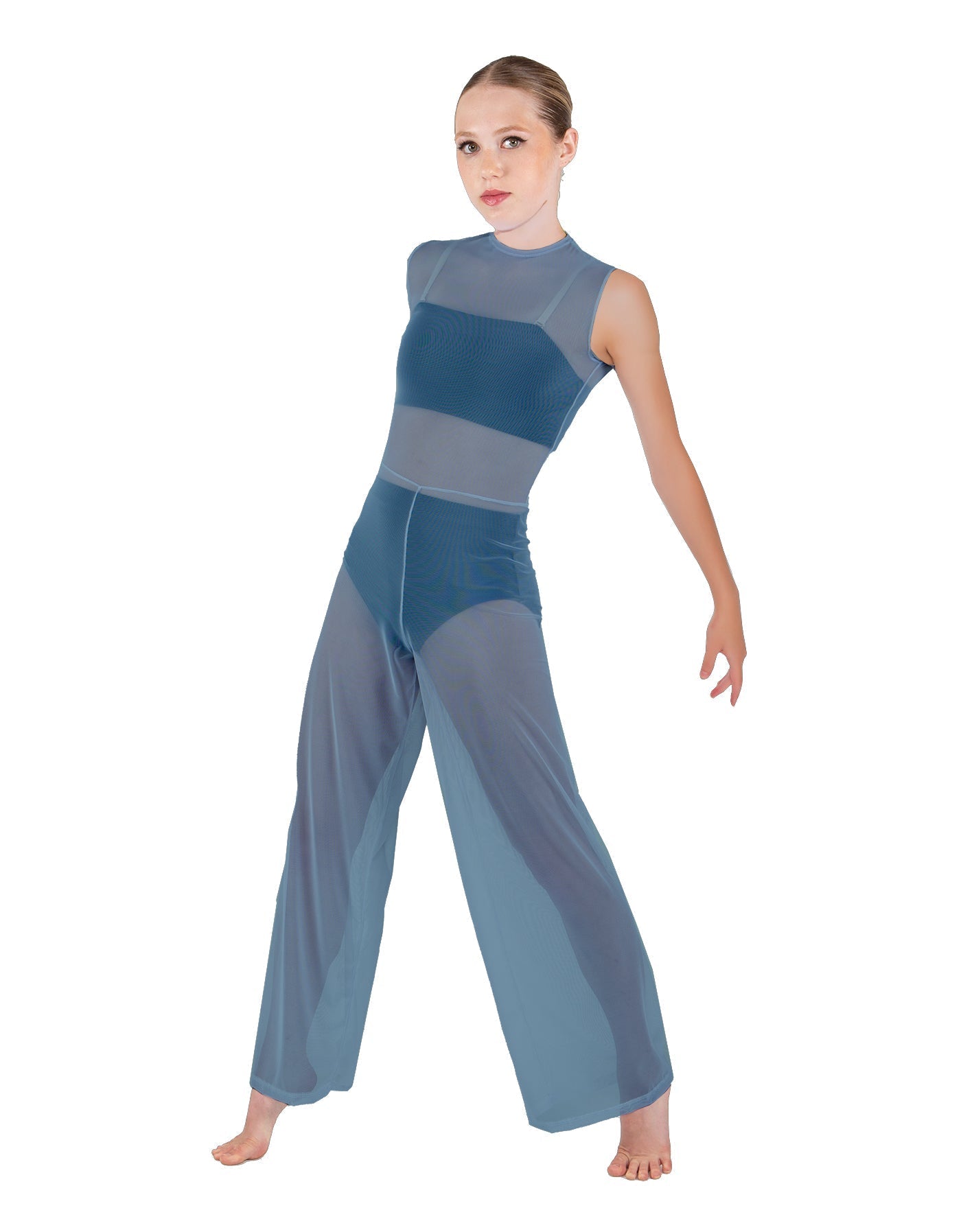 Solid Lycra Keyhole Wide Leg Mesh Unitard with Bandeau and Panty
