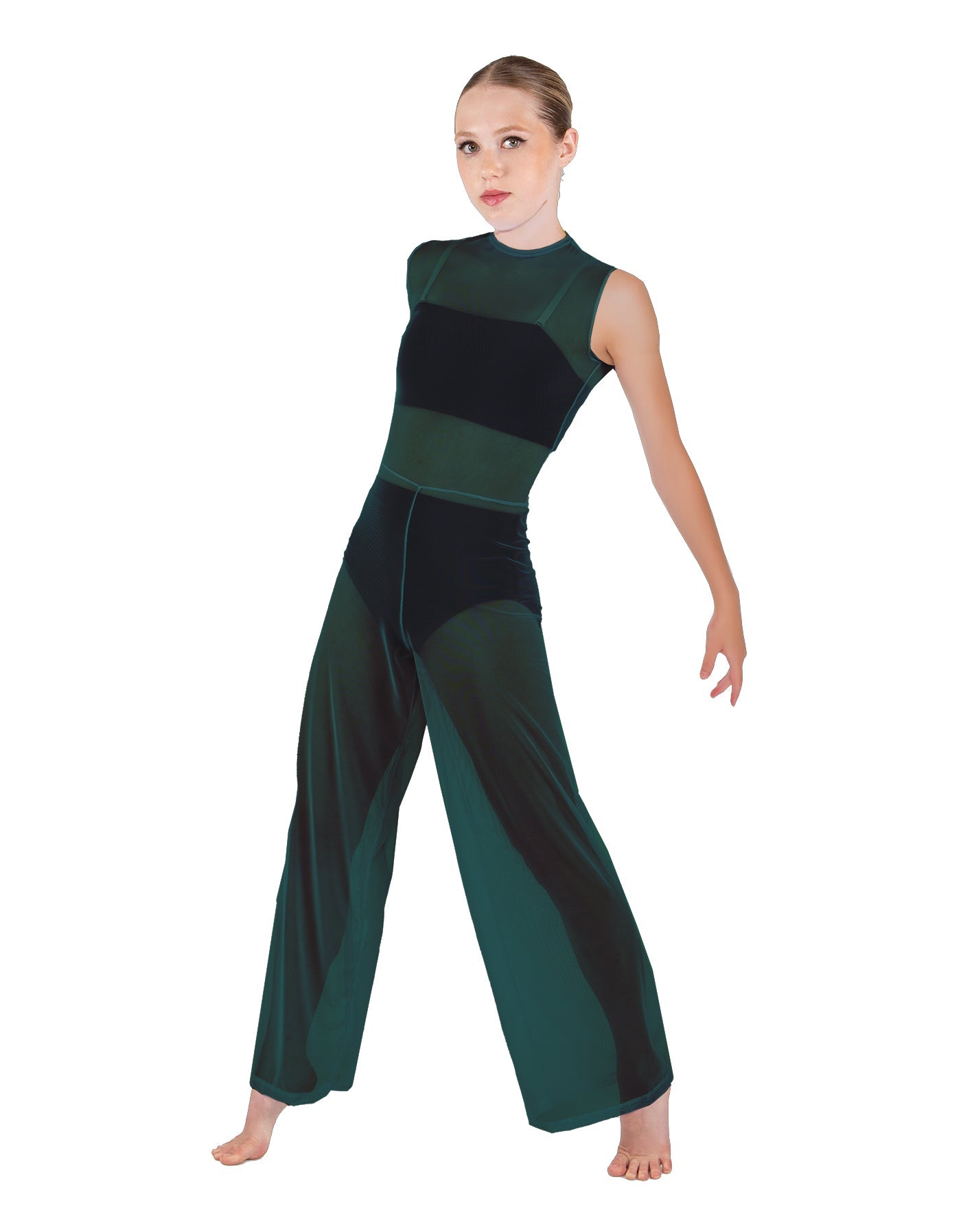 Solid Lycra Keyhole Wide Leg Mesh Unitard with Bandeau and Panty