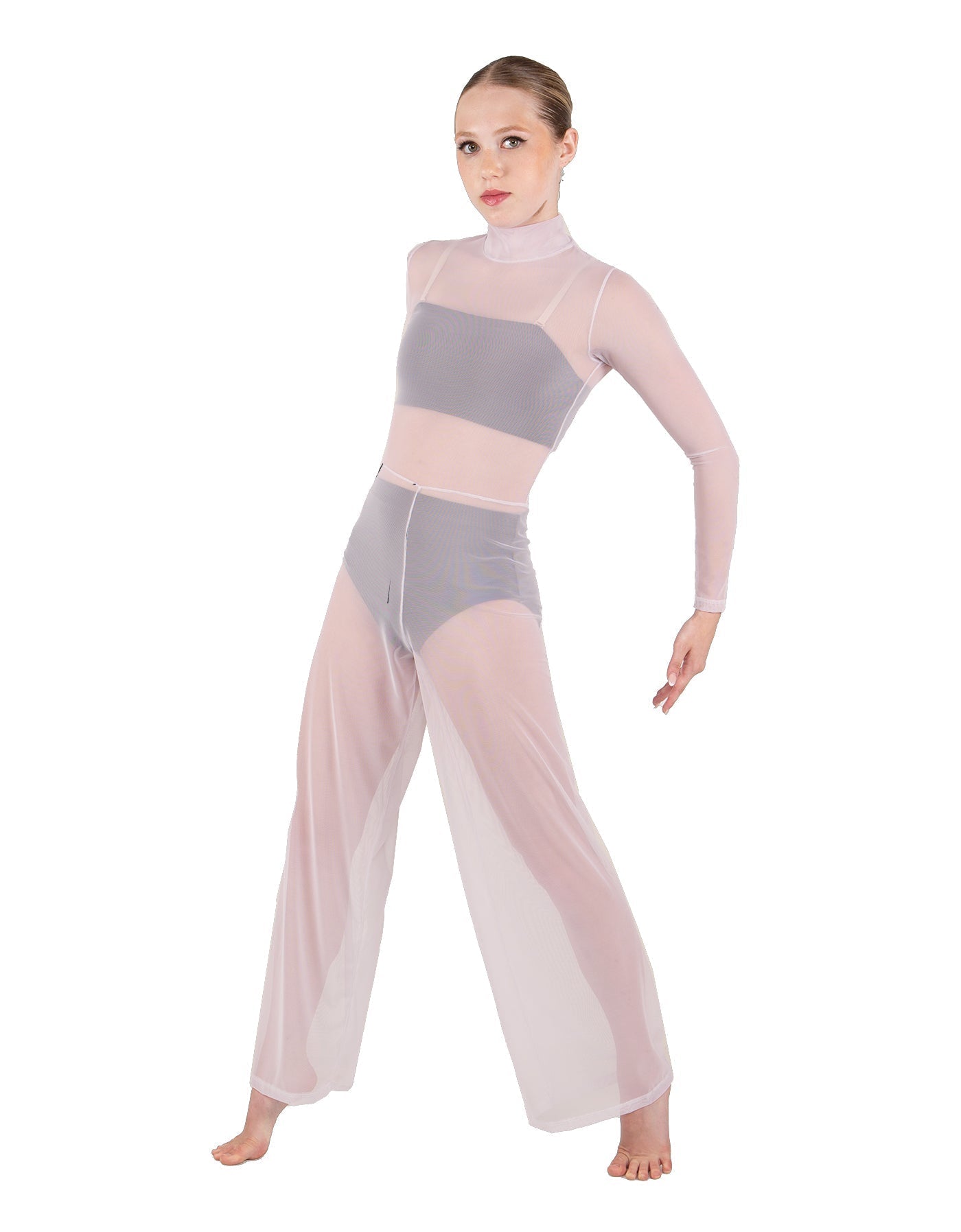 Solid Mesh LS TNeck Keyhole Wide Leg Mesh Unitard with Bandeau and Panty