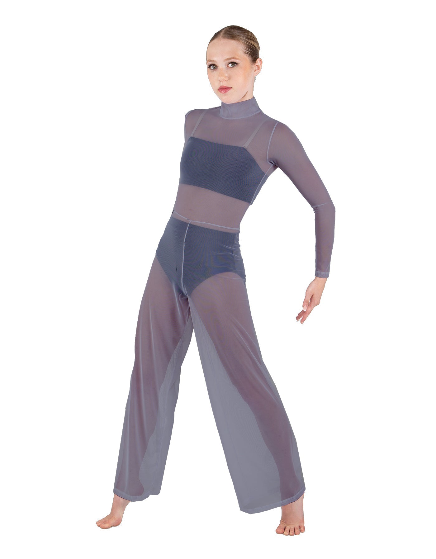 Solid Mesh LS TNeck Keyhole Wide Leg Mesh Unitard with Bandeau and Panty