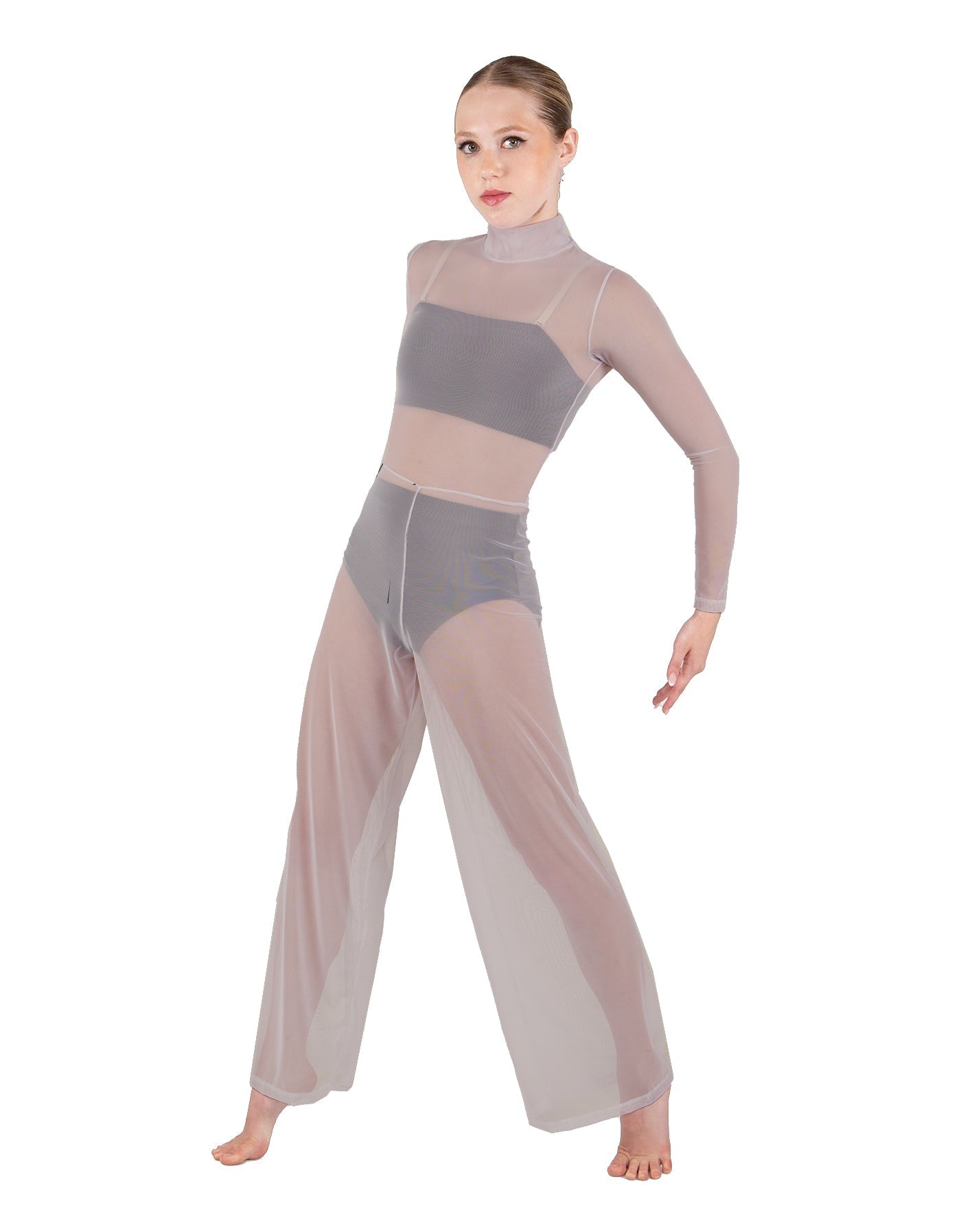 Solid Mesh LS TNeck Keyhole Wide Leg Mesh Unitard with Bandeau and Panty