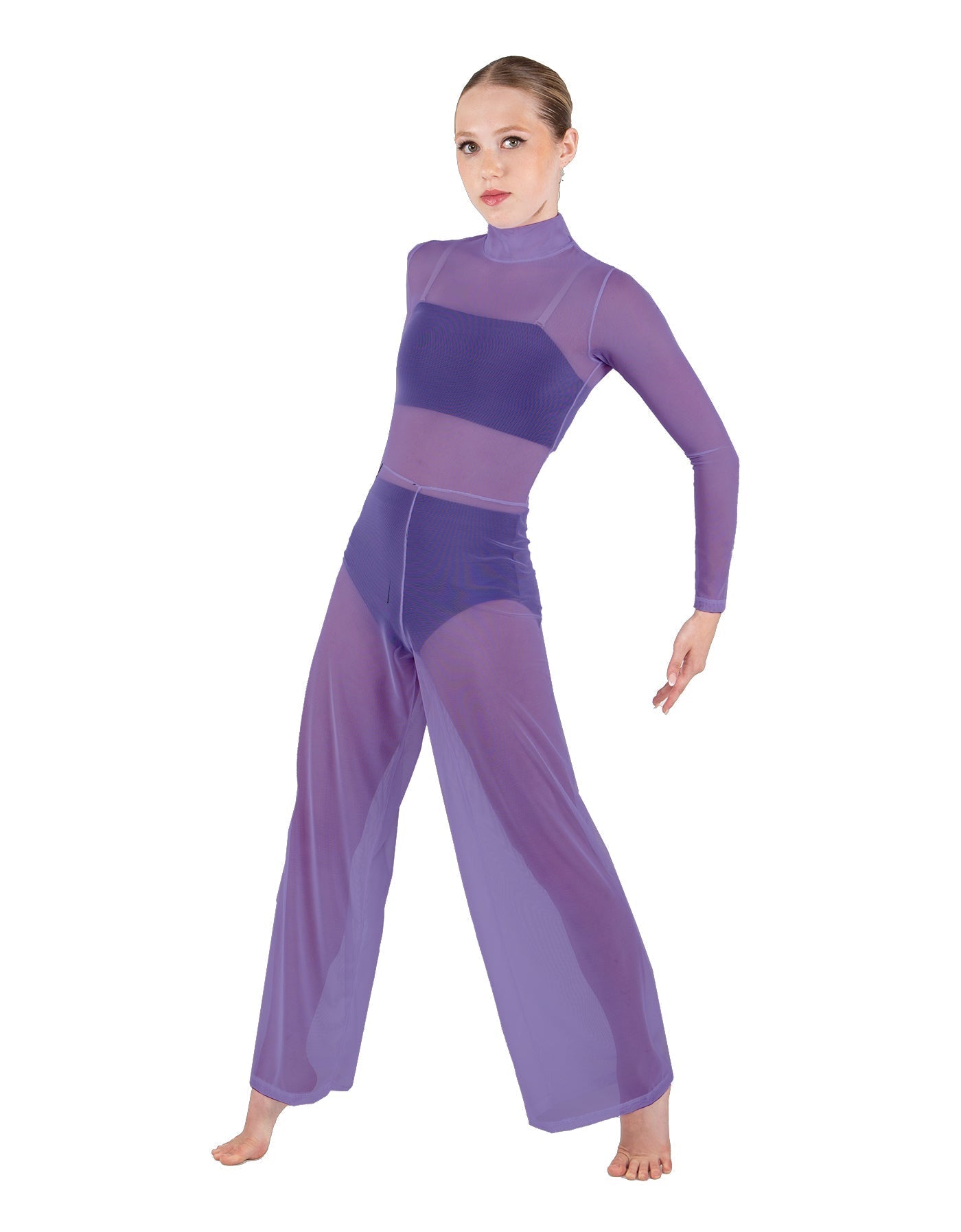 Solid Mesh LS TNeck Keyhole Wide Leg Mesh Unitard with Bandeau and Panty