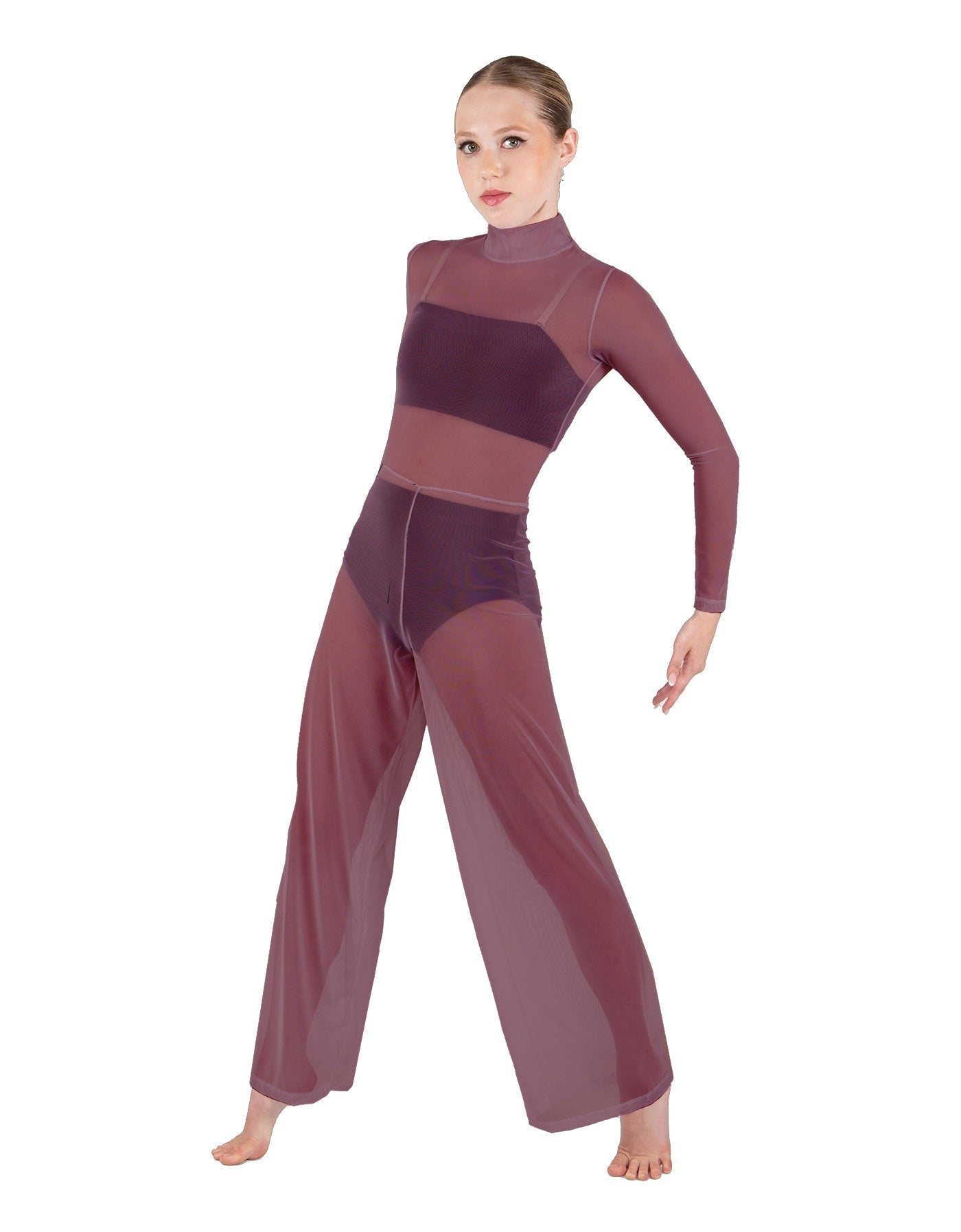 Solid Mesh LS TNeck Keyhole Wide Leg Mesh Unitard with Bandeau and Panty