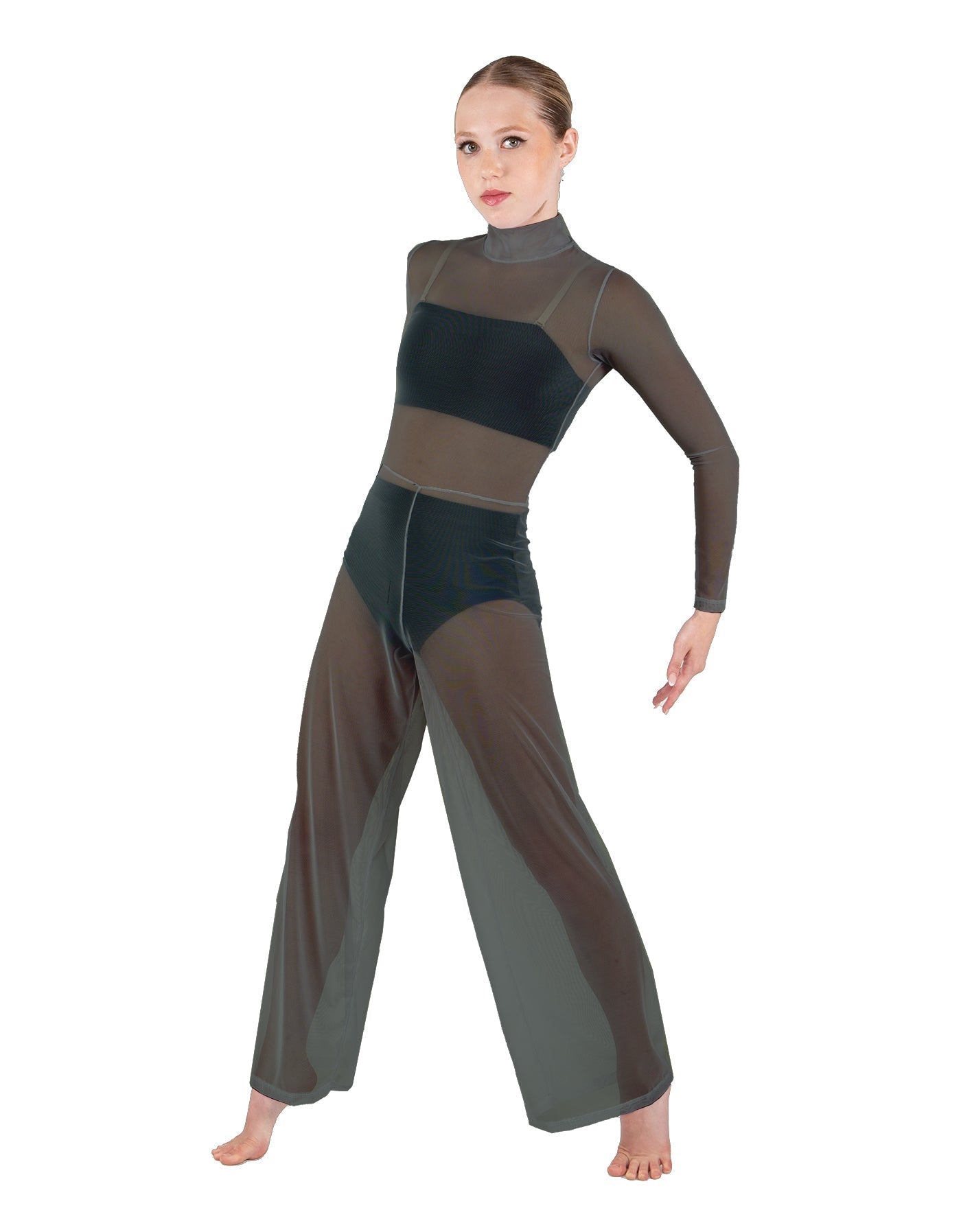 Solid Mesh LS TNeck Keyhole Wide Leg Mesh Unitard with Bandeau and Panty