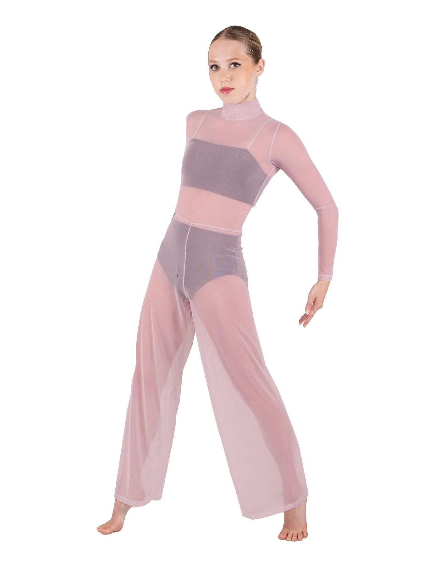 Solid Mesh LS TNeck Keyhole Wide Leg Mesh Unitard with Bandeau and Panty
