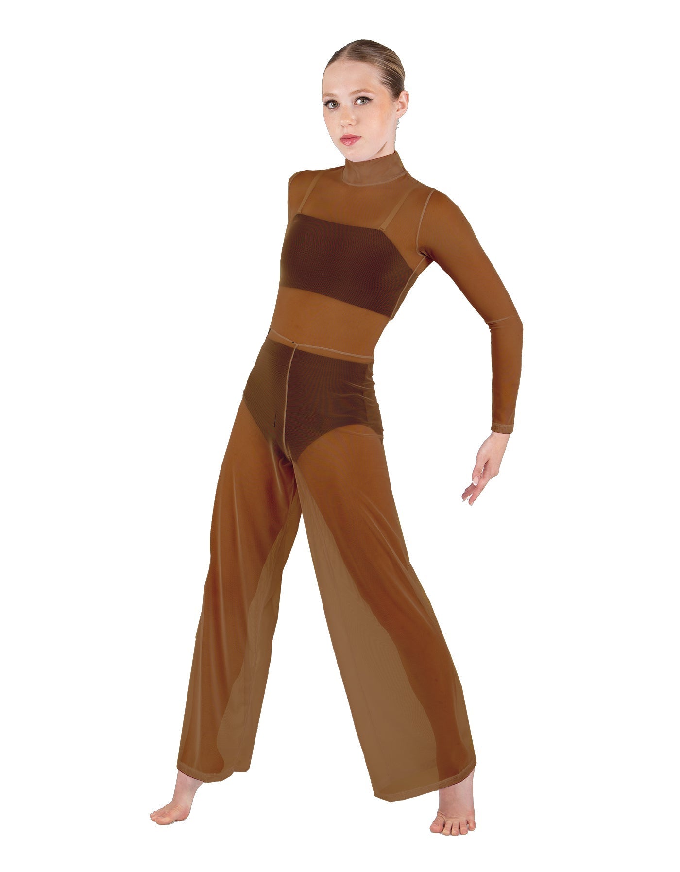 Solid Mesh LS TNeck Keyhole Wide Leg Mesh Unitard with Bandeau and Panty