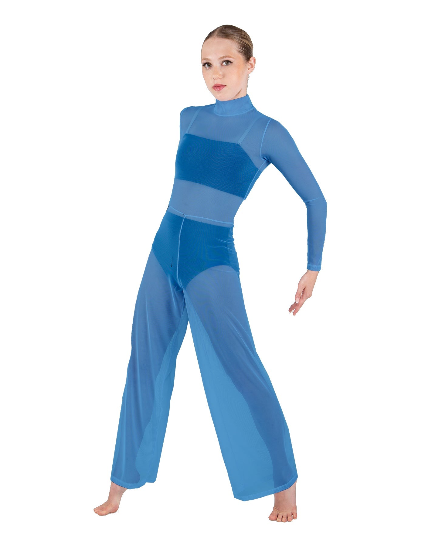 Solid Mesh LS TNeck Keyhole Wide Leg Mesh Unitard with Bandeau and Panty