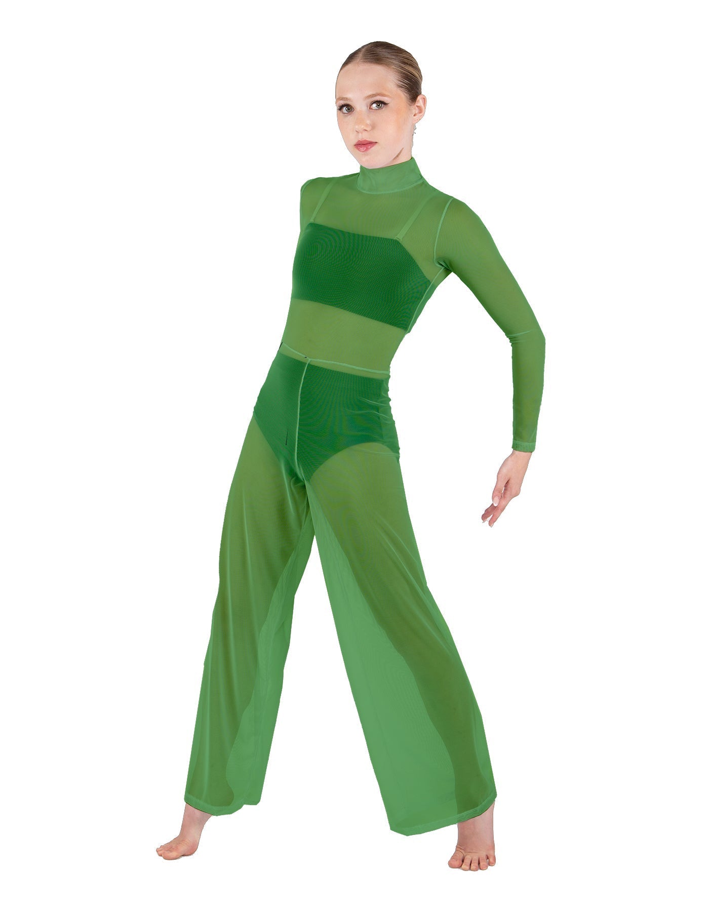Solid Mesh LS TNeck Keyhole Wide Leg Mesh Unitard with Bandeau and Panty