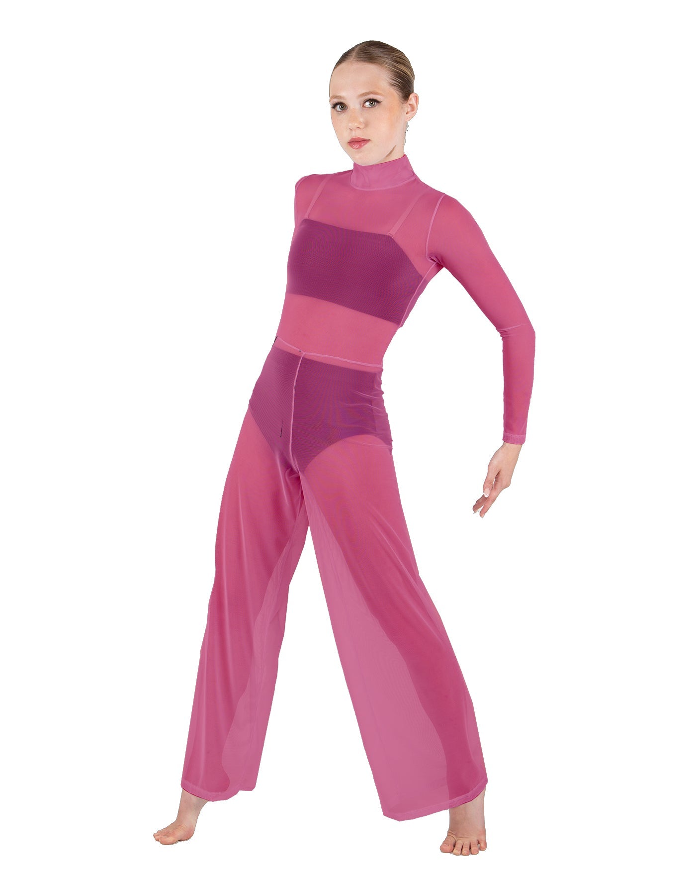 Solid Mesh LS TNeck Keyhole Wide Leg Mesh Unitard with Bandeau and Panty