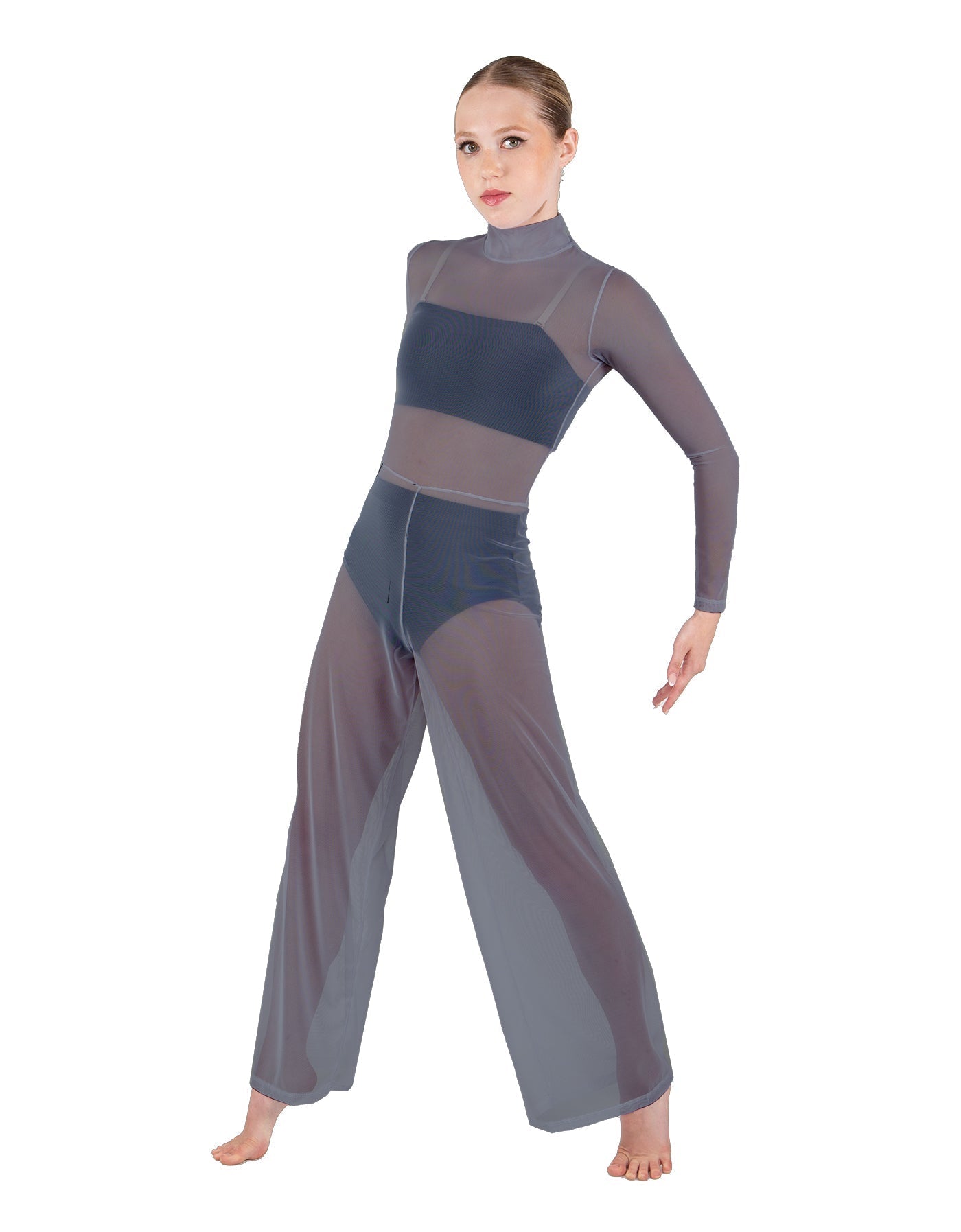 Solid Mesh LS TNeck Keyhole Wide Leg Mesh Unitard with Bandeau and Panty