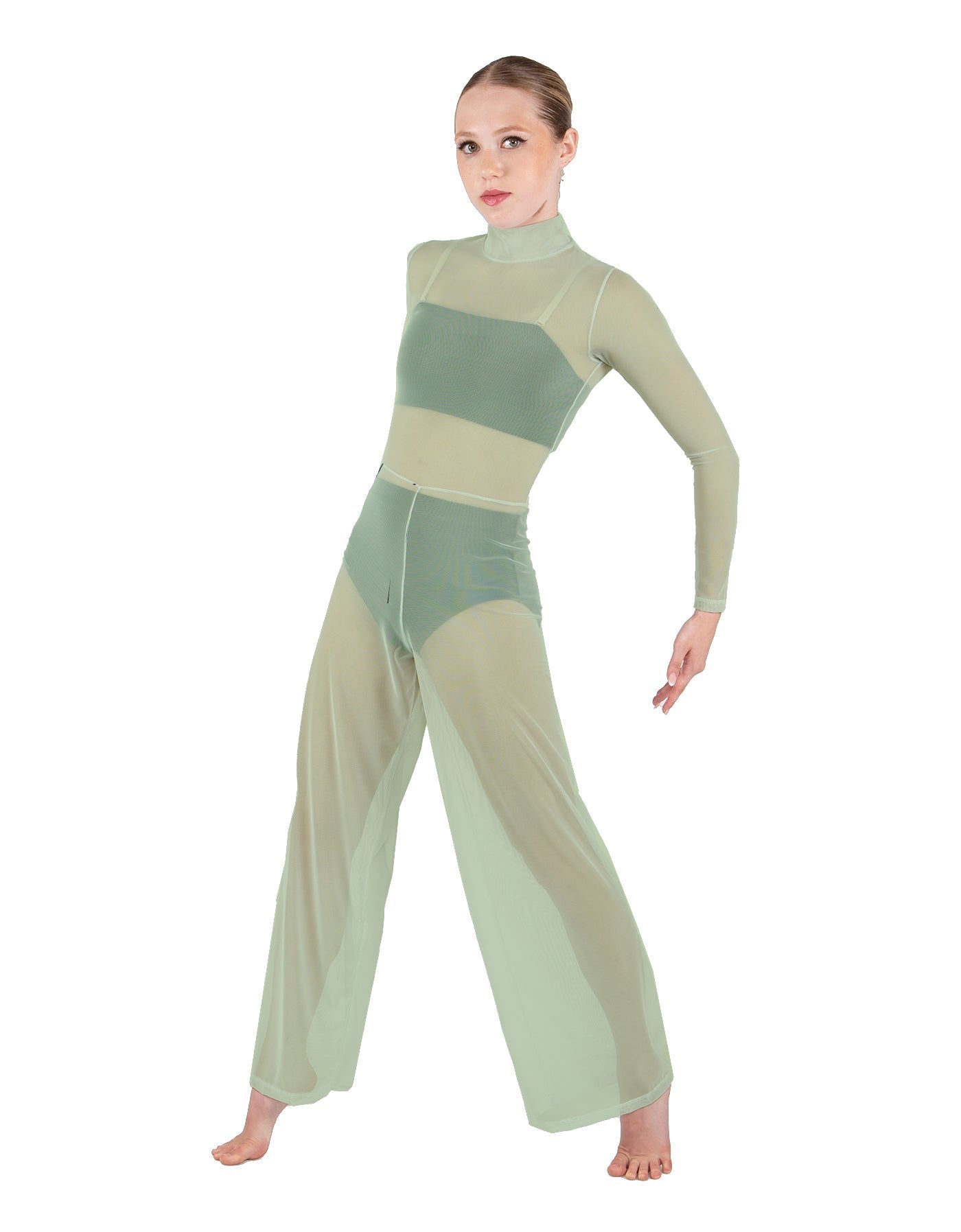 Solid Mesh LS TNeck Keyhole Wide Leg Mesh Unitard with Bandeau and Panty