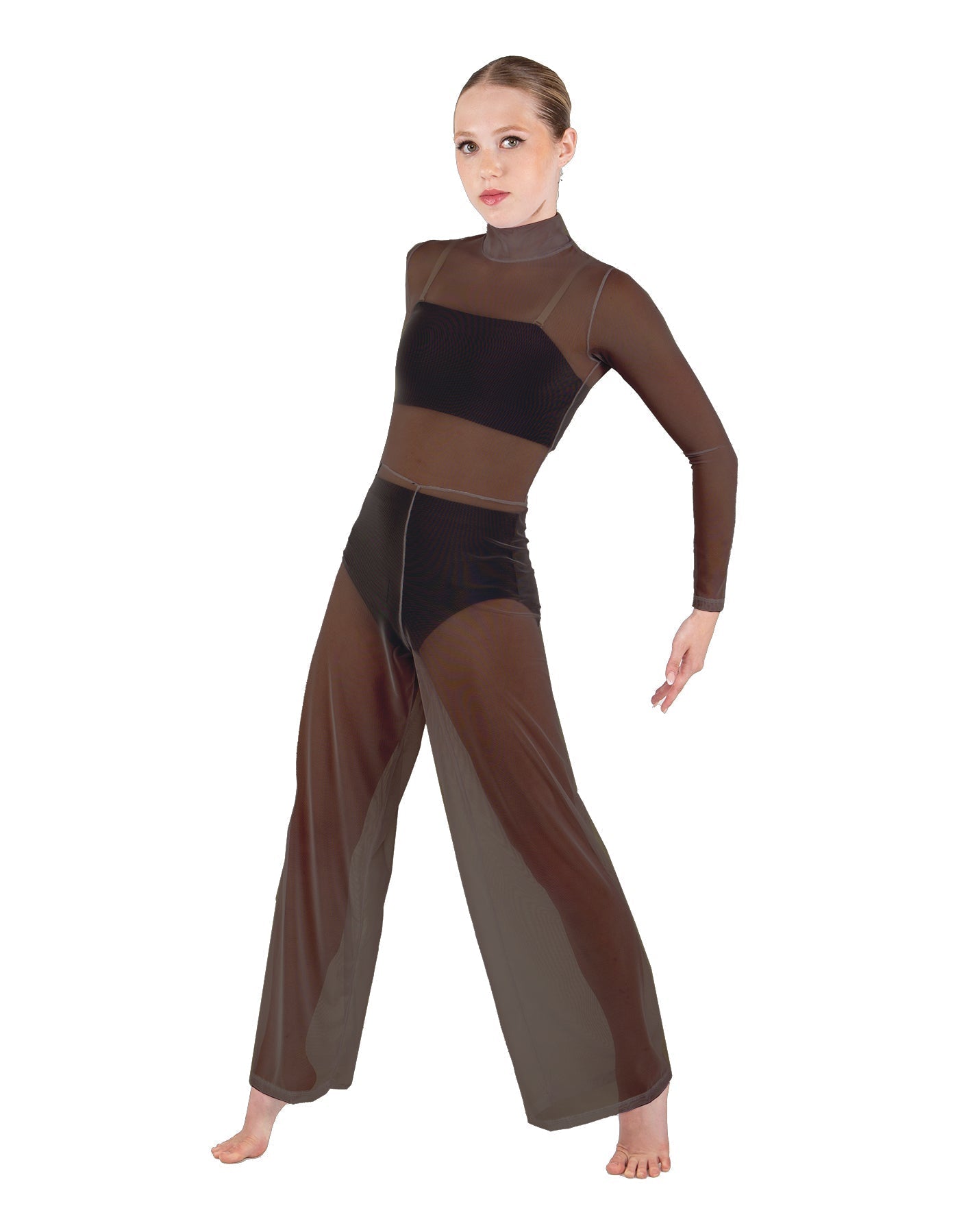 Solid Mesh LS TNeck Keyhole Wide Leg Mesh Unitard with Bandeau and Panty