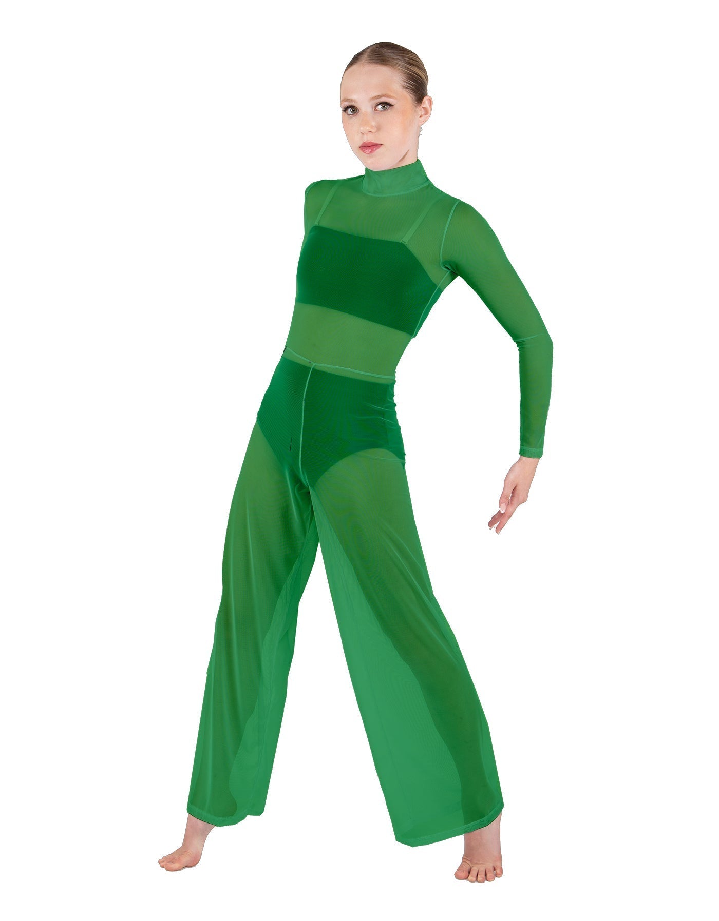 Solid Mesh LS TNeck Keyhole Wide Leg Mesh Unitard with Bandeau and Panty