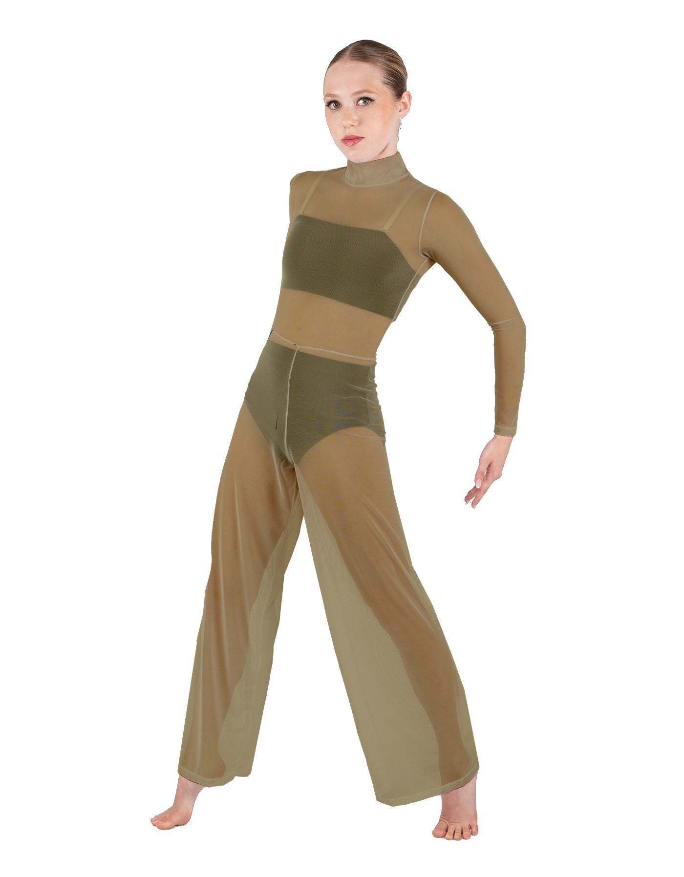 Solid Mesh LS TNeck Keyhole Wide Leg Mesh Unitard with Bandeau and Panty