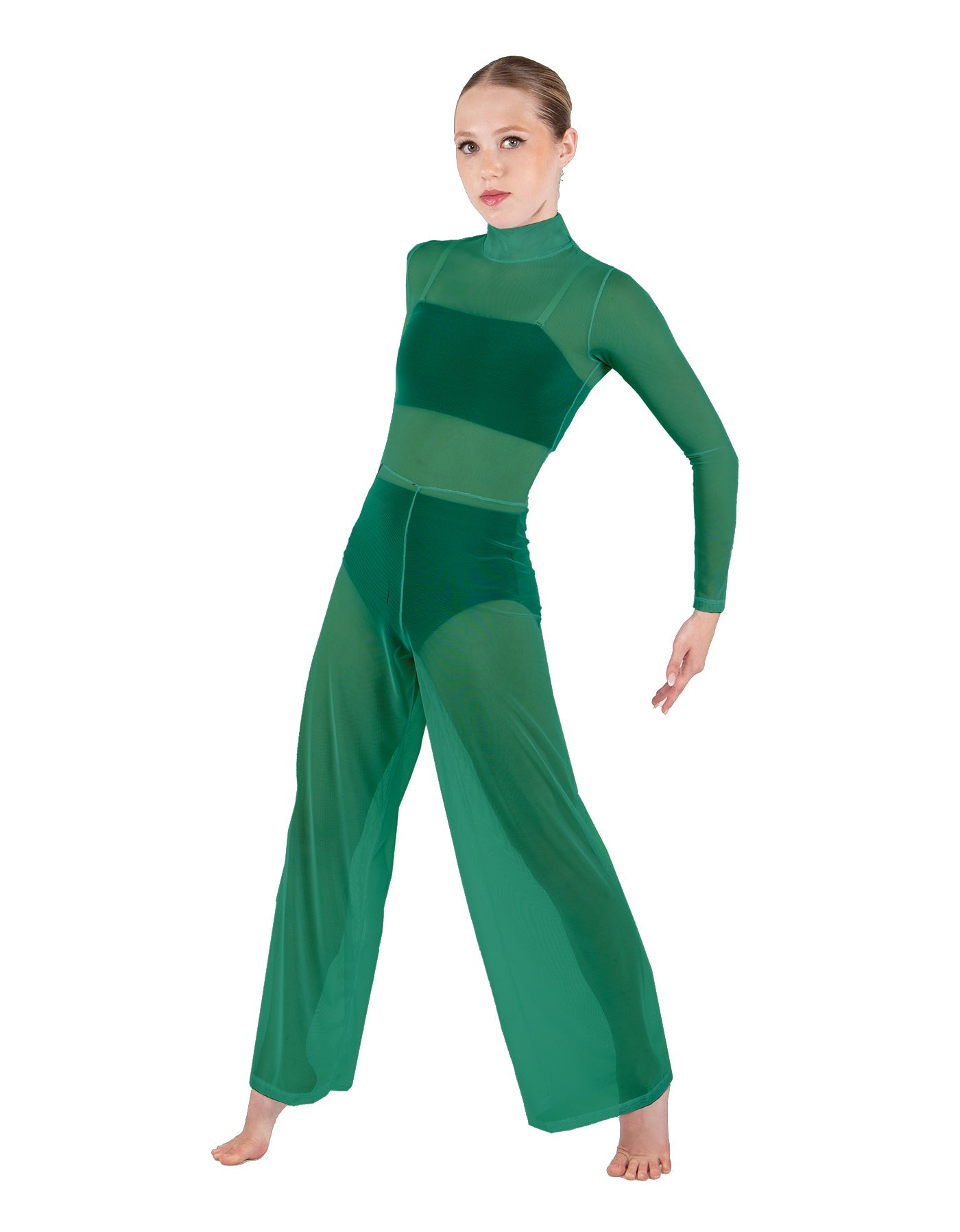 Solid Mesh LS TNeck Keyhole Wide Leg Mesh Unitard with Bandeau and Panty