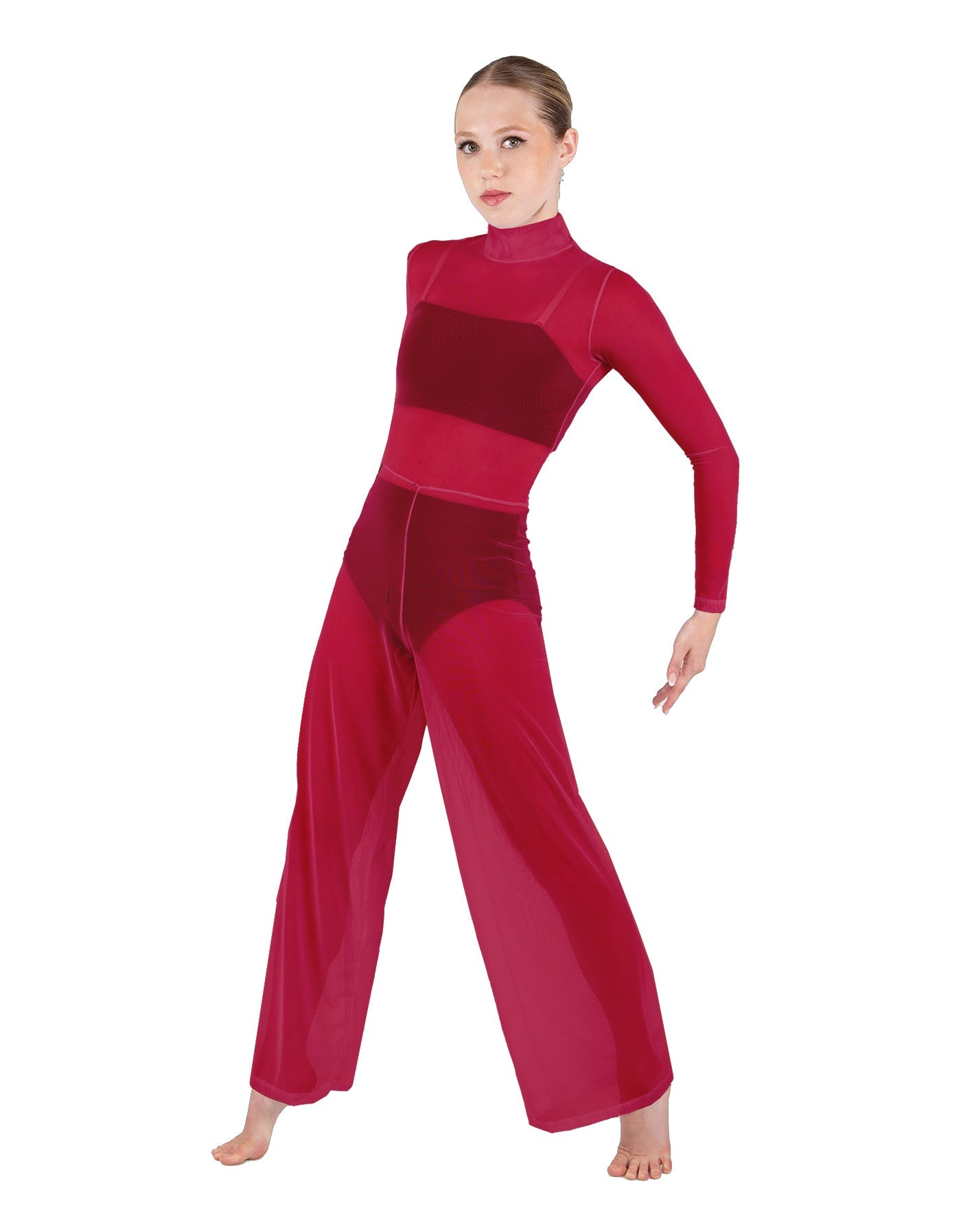 Solid Mesh LS TNeck Keyhole Wide Leg Mesh Unitard with Bandeau and Panty