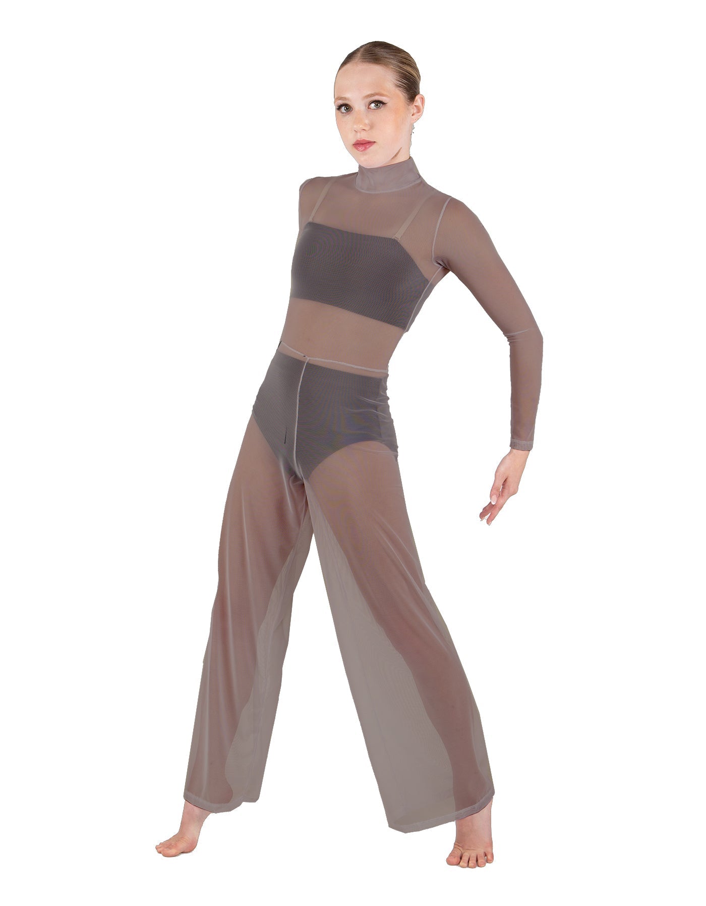 Solid Mesh LS TNeck Keyhole Wide Leg Mesh Unitard with Bandeau and Panty