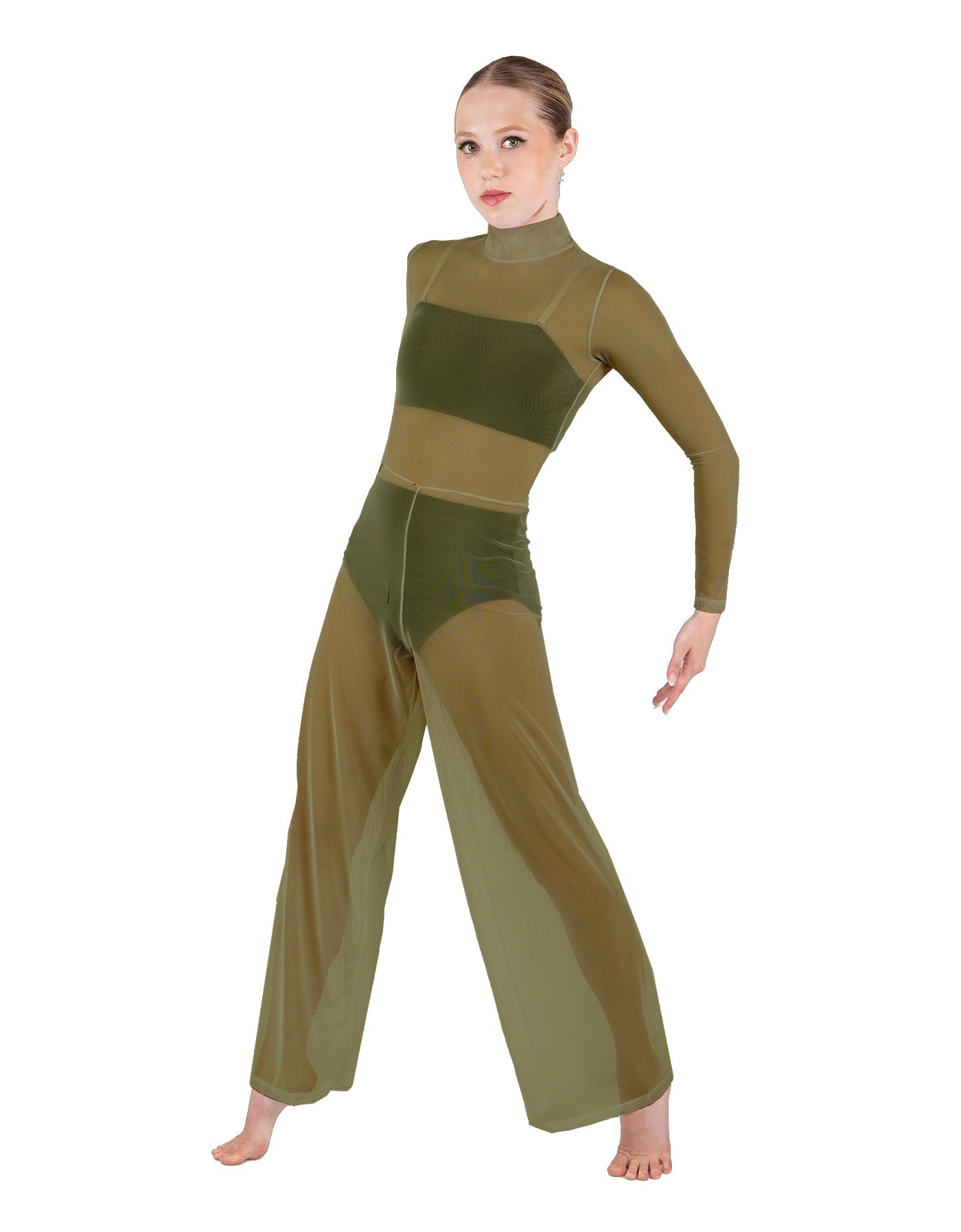 Solid Mesh LS TNeck Keyhole Wide Leg Mesh Unitard with Bandeau and Panty