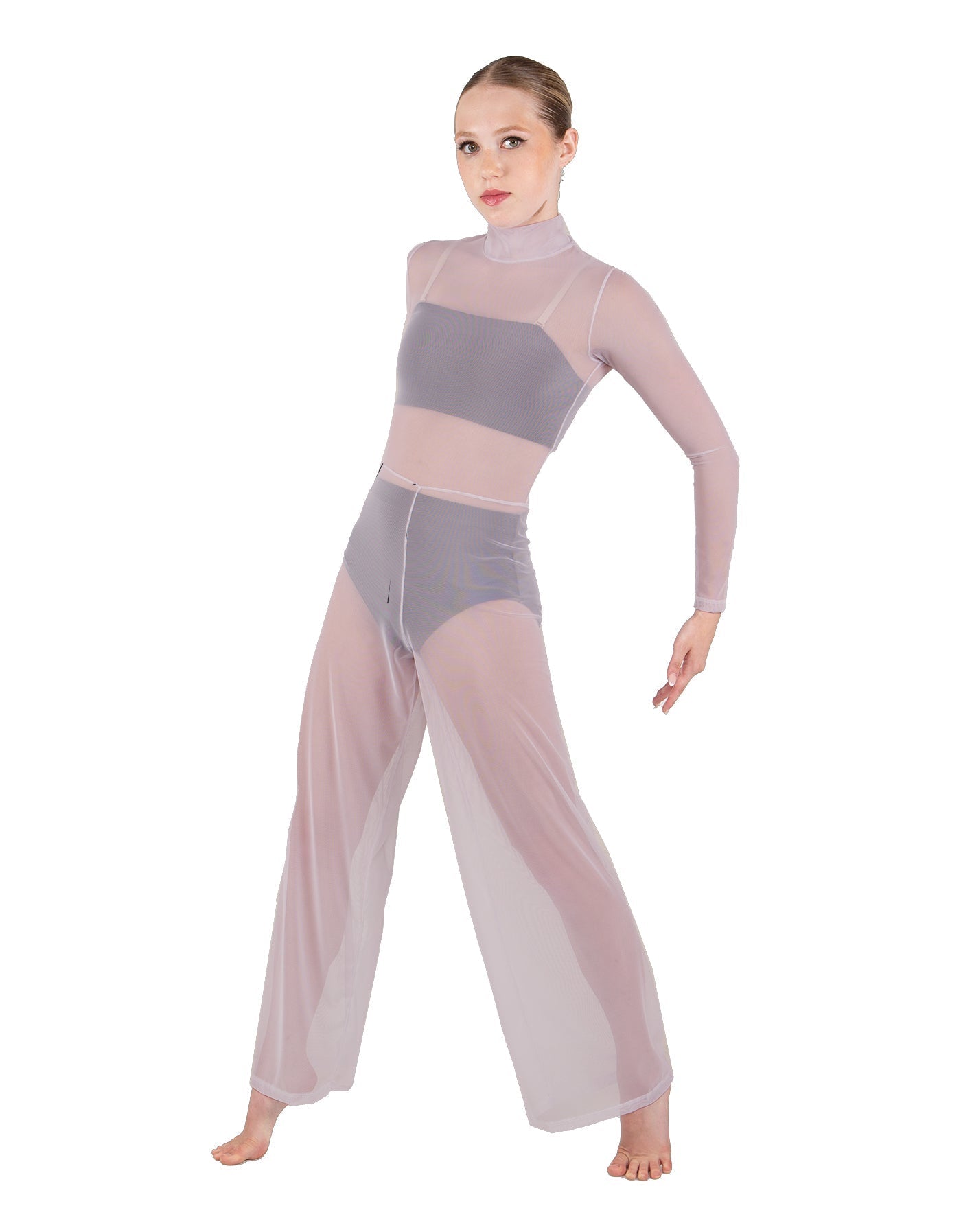 Solid Mesh LS TNeck Keyhole Wide Leg Mesh Unitard with Bandeau and Panty