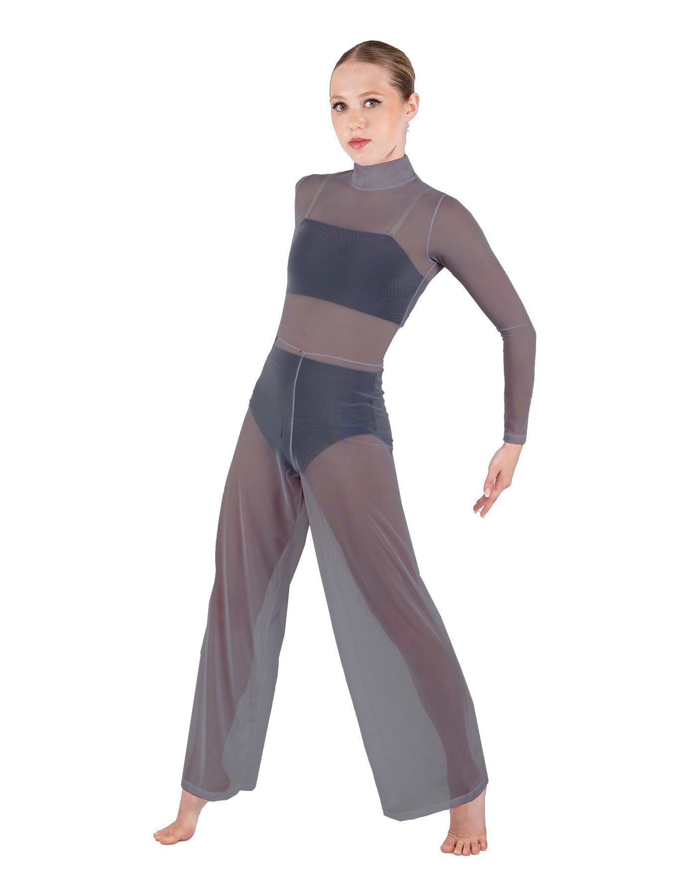 Solid Mesh LS TNeck Keyhole Wide Leg Mesh Unitard with Bandeau and Panty