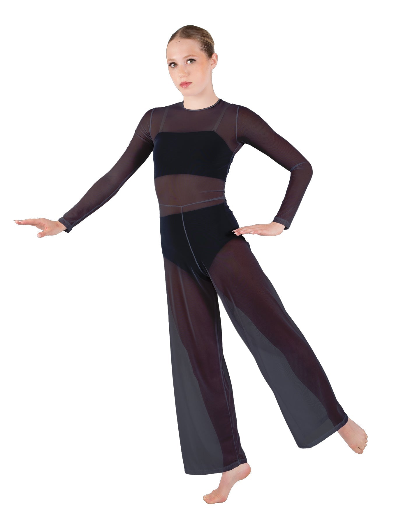 Solid Lycra LS Keyhole Wide Leg Mesh Unitard with Bandeau and Panty
