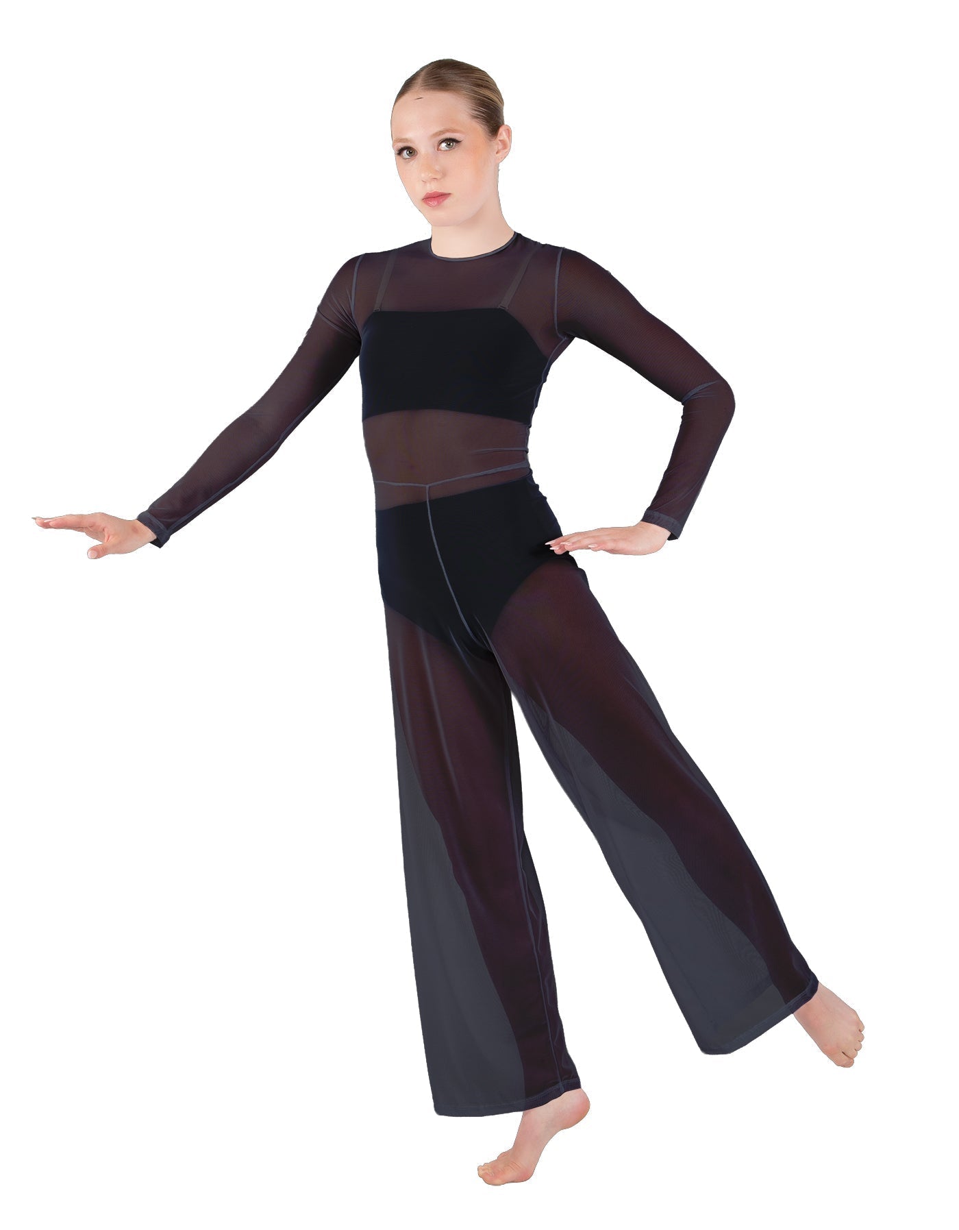 Solid Lycra LS Keyhole Wide Leg Mesh Unitard with Bandeau and Panty