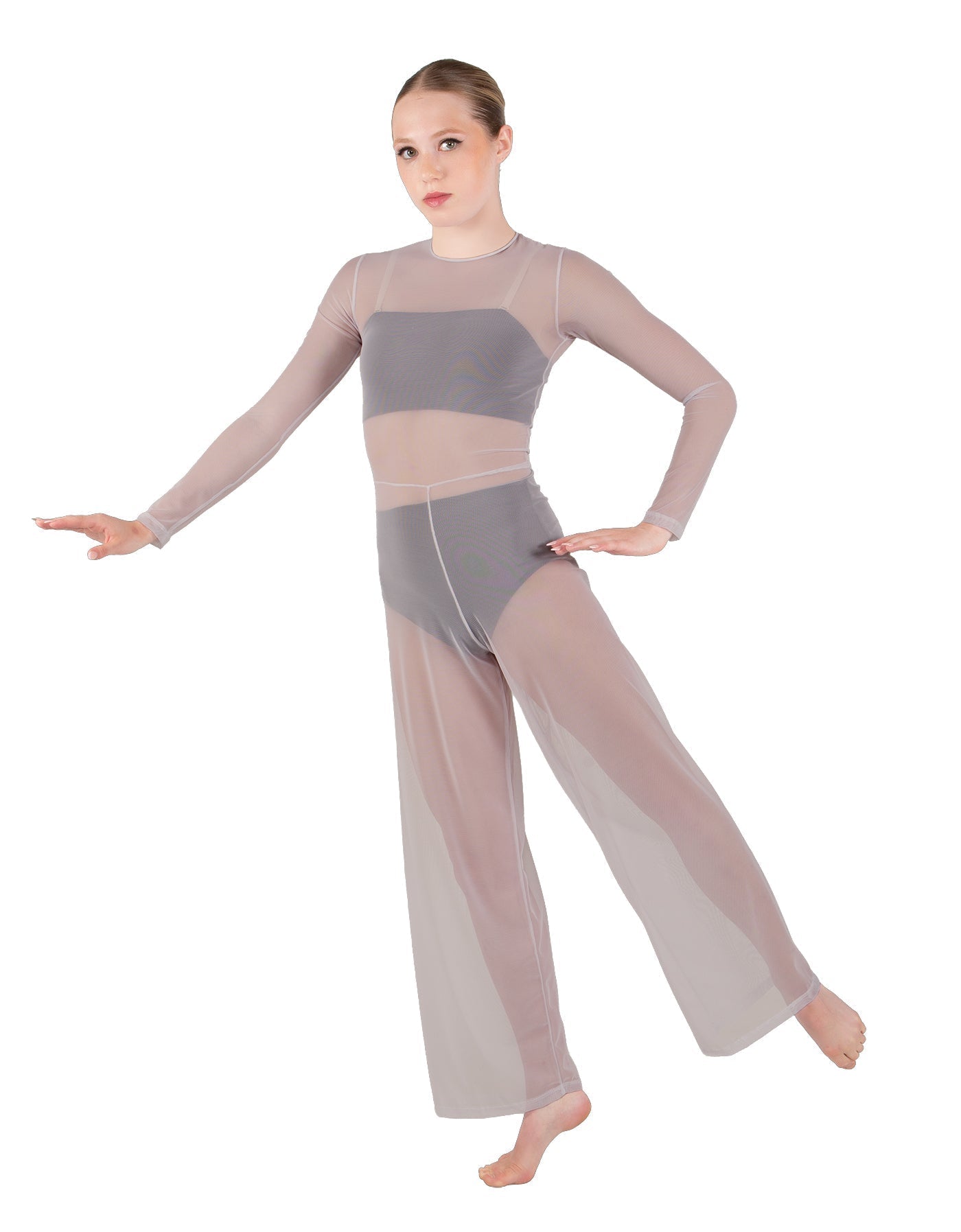 Solid Lycra LS Keyhole Wide Leg Mesh Unitard with Bandeau and Panty