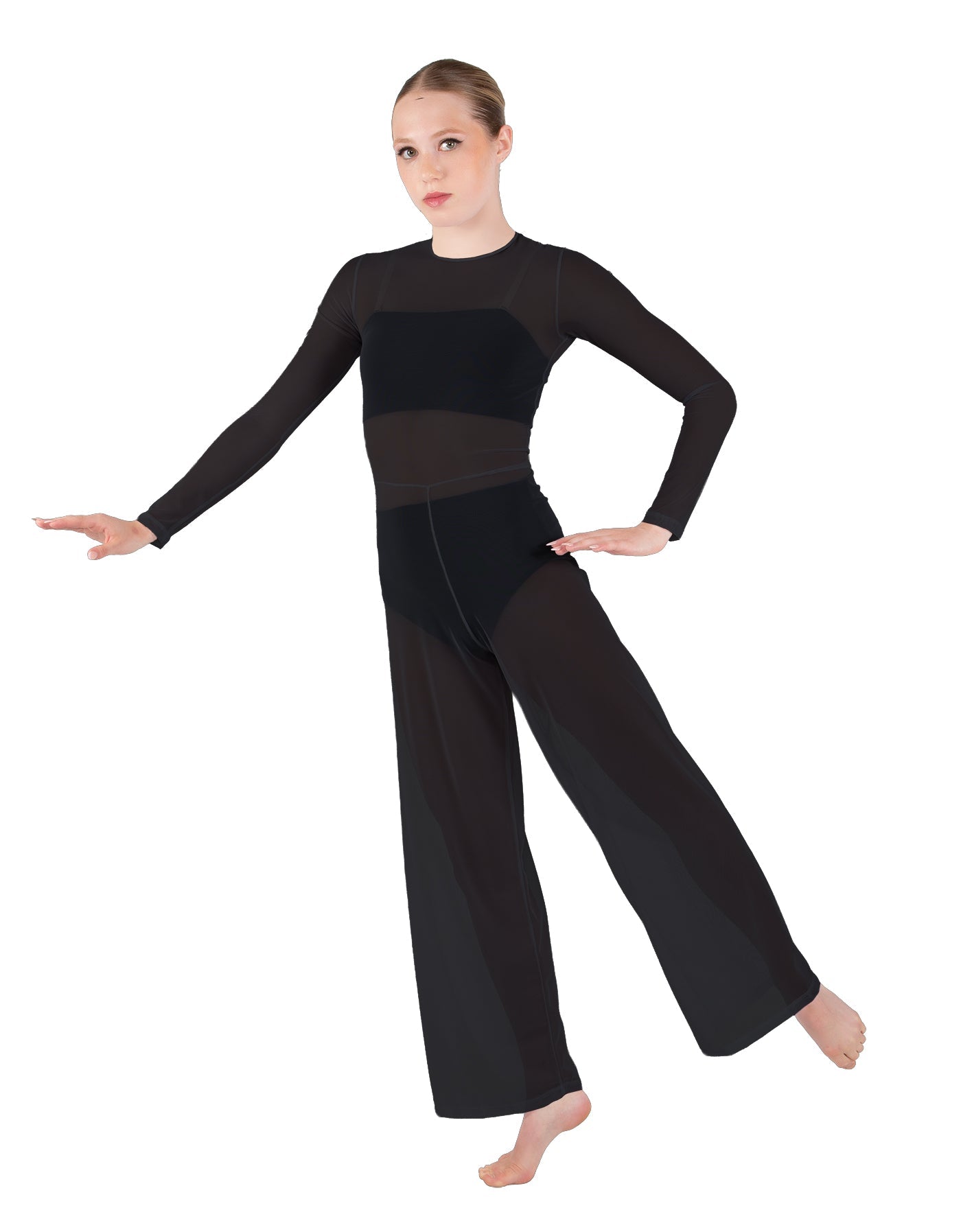 Solid Lycra LS Keyhole Wide Leg Mesh Unitard with Bandeau and Panty