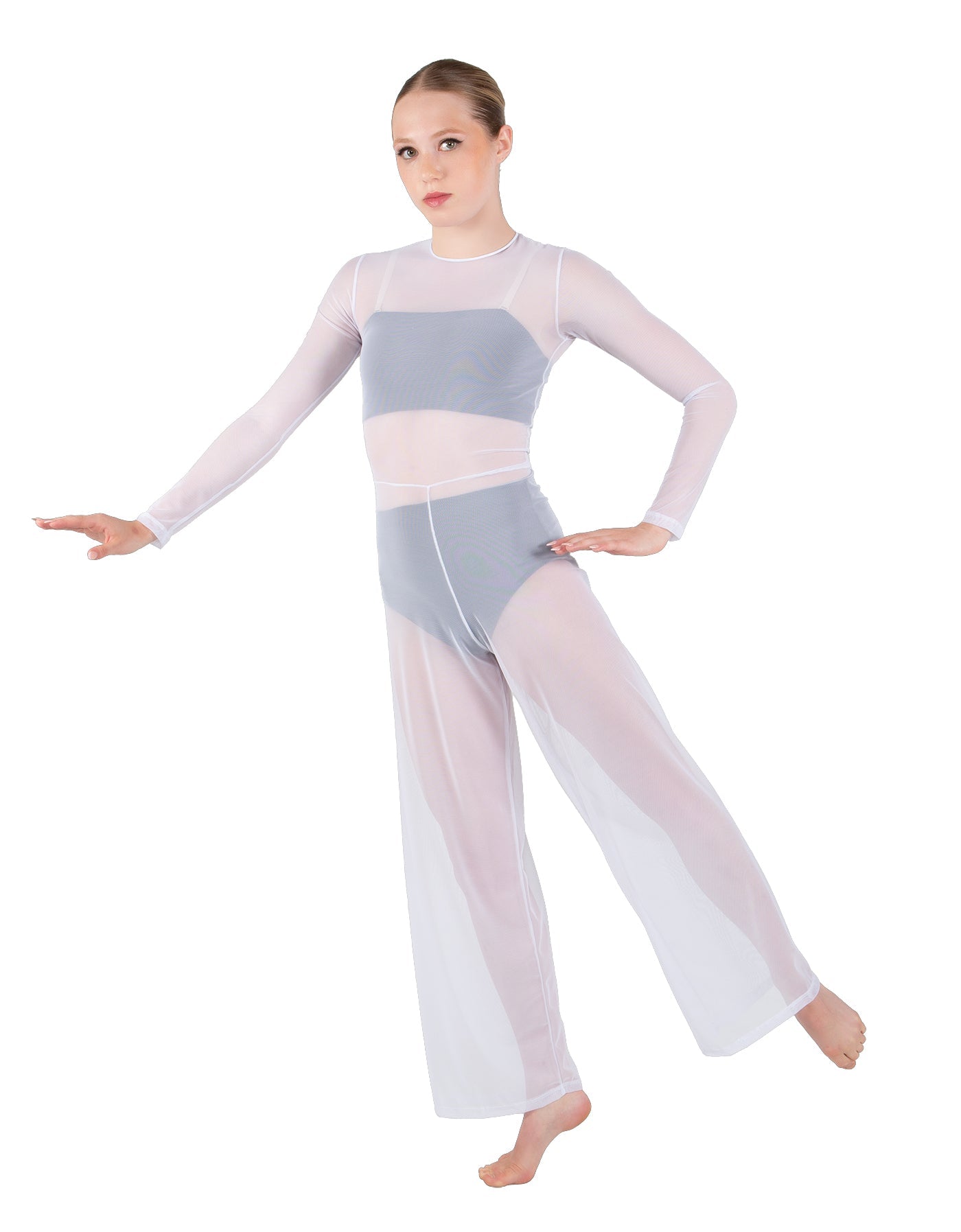 Solid Lycra LS Keyhole Wide Leg Mesh Unitard with Bandeau and Panty