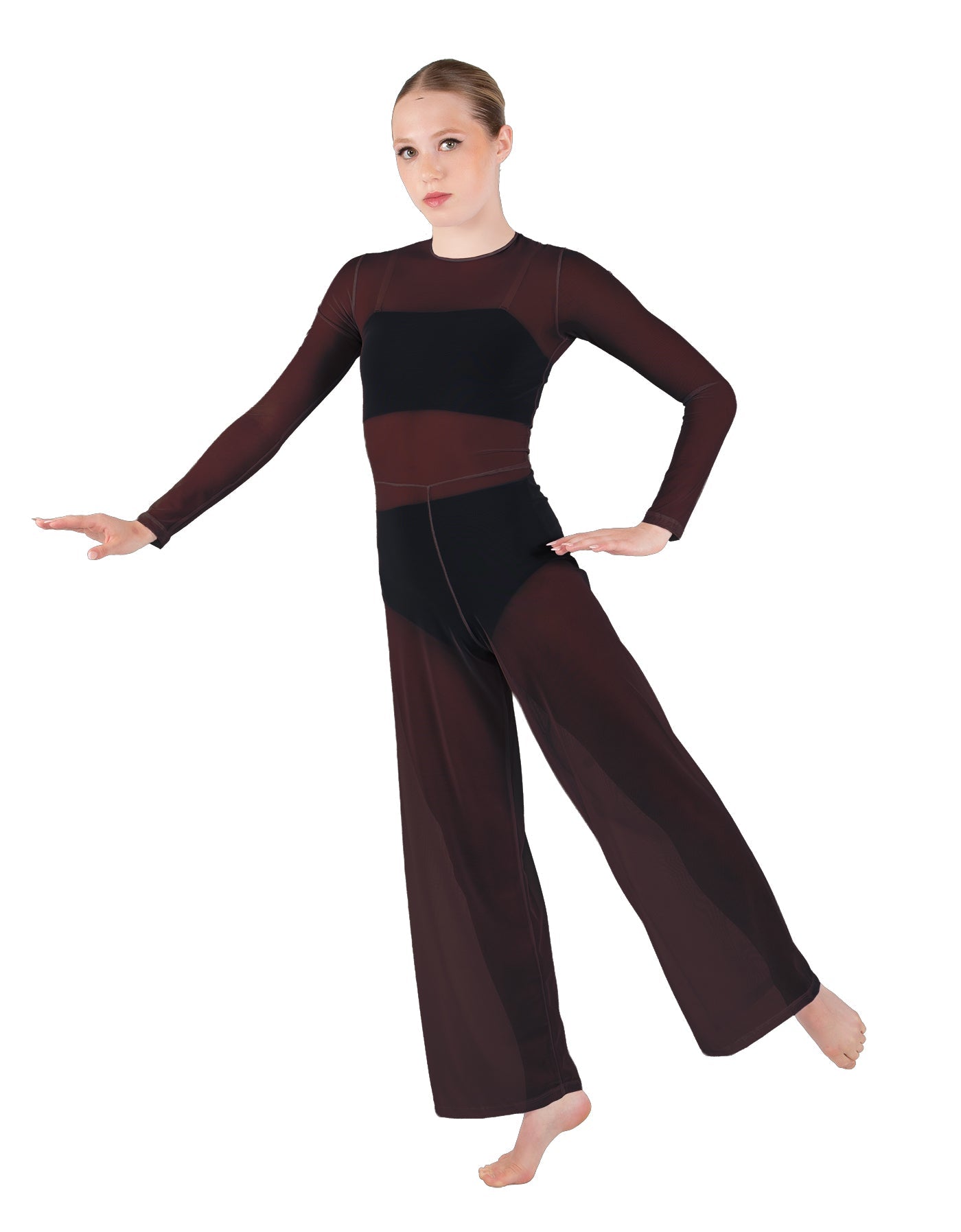 Solid Lycra LS Keyhole Wide Leg Mesh Unitard with Bandeau and Panty